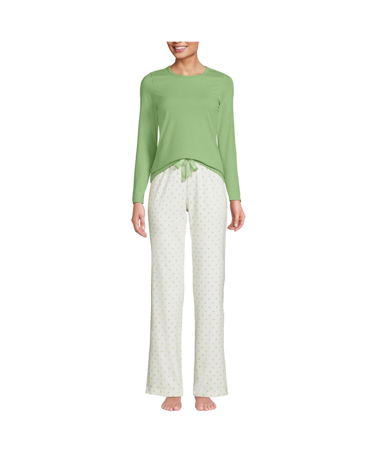 Petite Lands End Womens Knit Long Sleeve Pajama Top & Pajama Pants Sleep Set Green Mini Floral Product Image