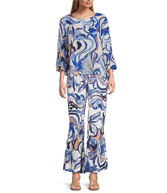 Bryn Walker Fran Printed Round Neck 3/4 Ruffle Bell High-Low Sleeve Top Product Image
