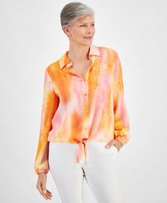 Jm Collection Womens Printed Long Sleeve Button-Front Tie-Hem Top, Created for Macys Product Image