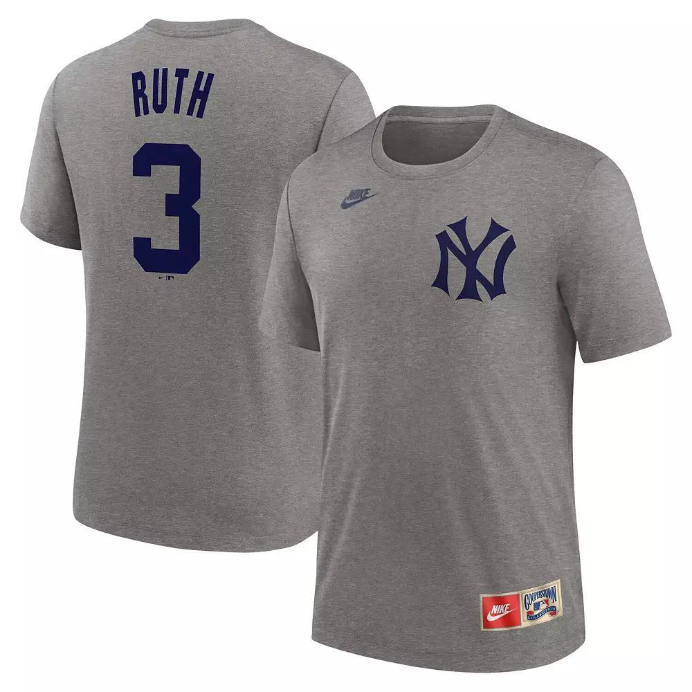 Men's Nike  Babe Ruth Heather Gray New York Yankees Cooperstown Collection Tri-Blend Name & Number T-Shirt, Size: Medium, Grey Product Image