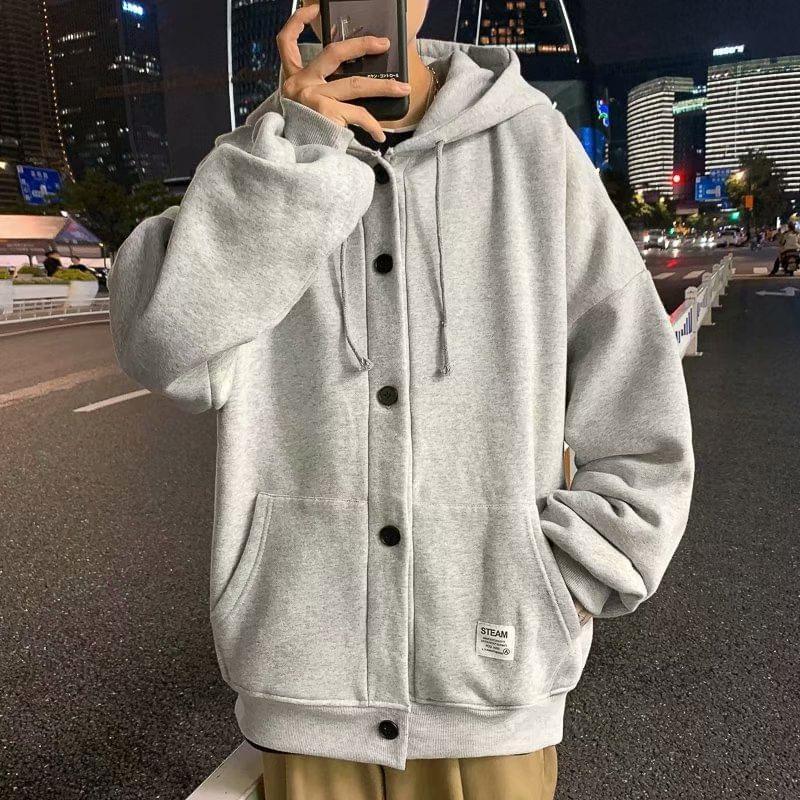 Lettering Applique Drawstring Fleece-Lined Button Hoodie Product Image