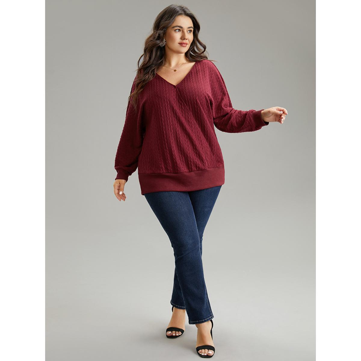 Plus Size Solid Rib Knit V Neck Sweatshirt Women Burgundy Casual Rib Knit V-neck Dailywear Sweatshirts BloomChic 26/4X Product Image
