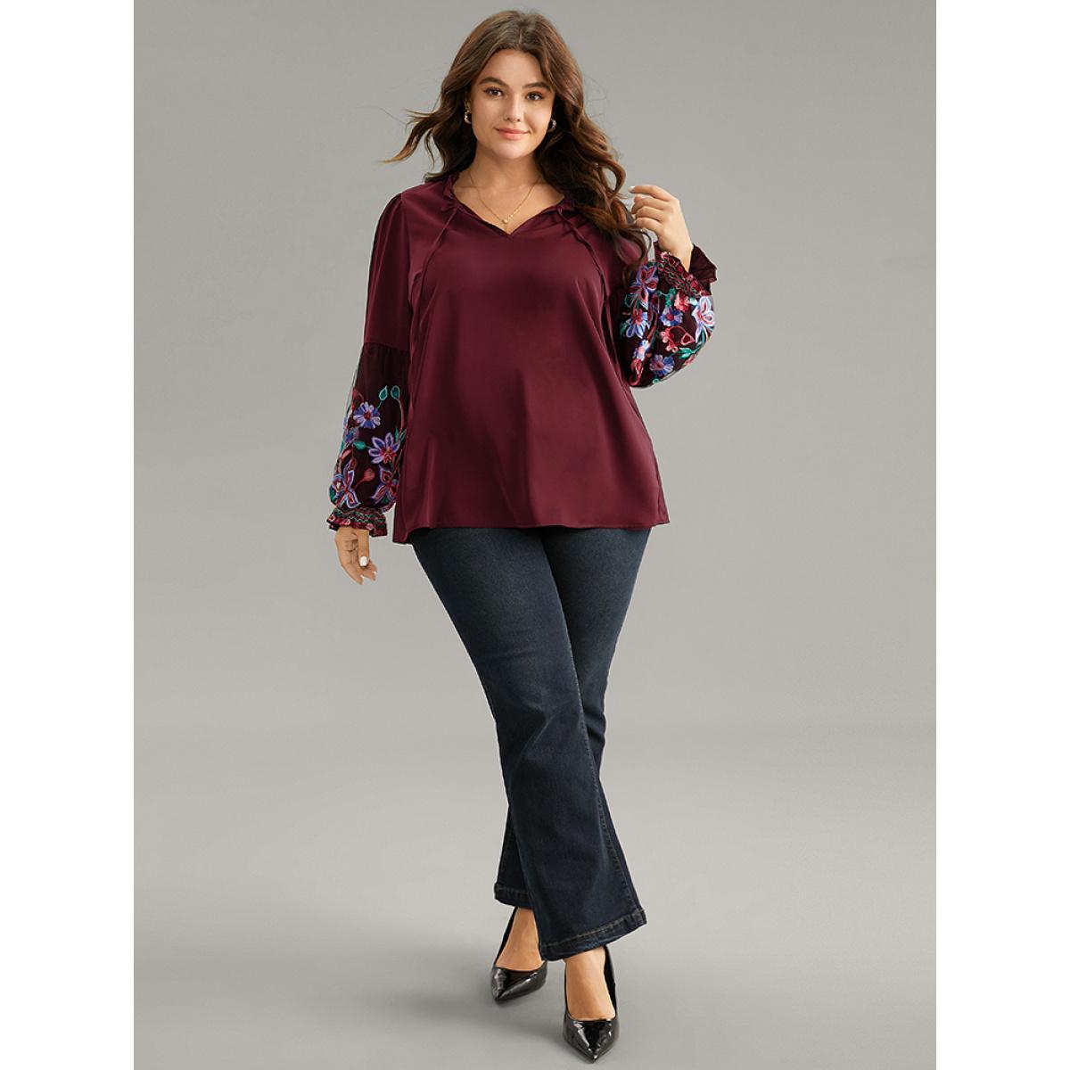 Plus Size Scarlet Floral Embroidered Mesh Tie Neck Ruffles Blouse Women Elegant Long Sleeve Tie Neck Party Blouses BloomChic 26/4X Product Image