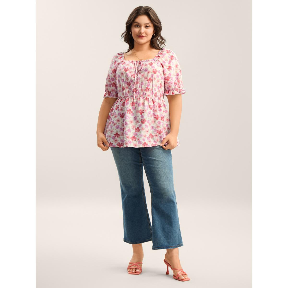 Plus Size Watermelon Floral Print Square Neck Tie Blouse Women Short sleeve Square Neck Everyday-Elegant Blouses BloomChic 30/6X Product Image