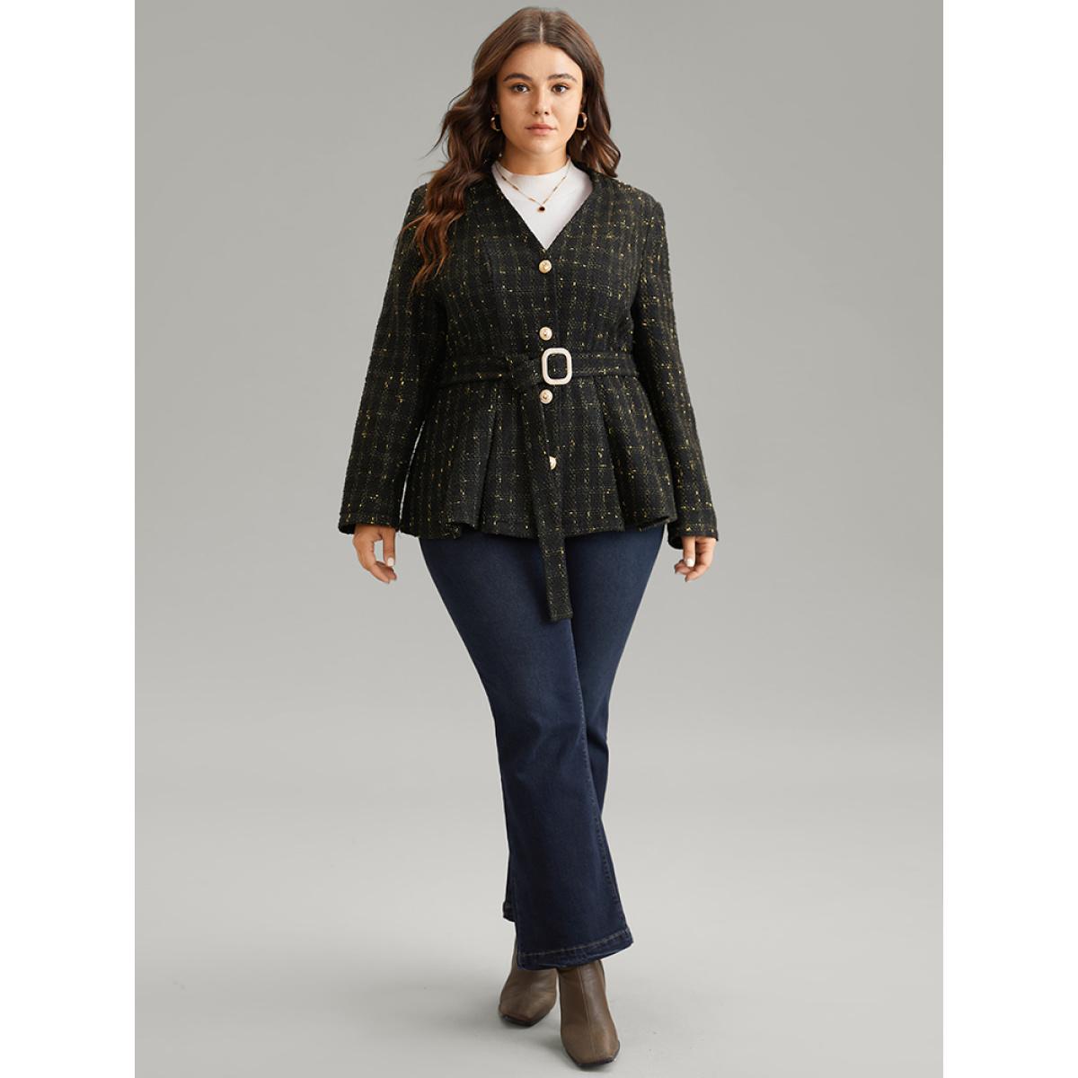 Plus Size Tweed Metal Detail Belted V Neck Blazer Black Women Dailywear Plain Sleeve Long Sleeve V-neck 14-16/1X Pocket Belt Elegant Blazers BloomChic Product Image
