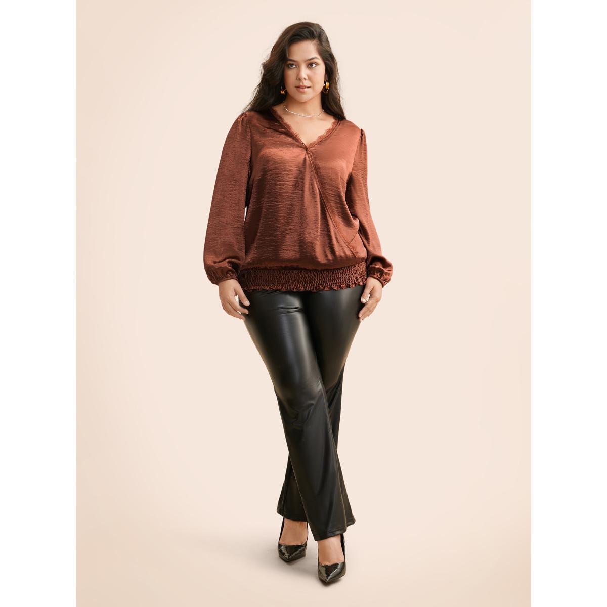 Plus Size Browncoffeecolor Overlap Collar Shirred Lace Trim Blouse Women Cocktail Long Sleeve Overlap Collar Party Blouses BloomChic 14-16/1X Product Image