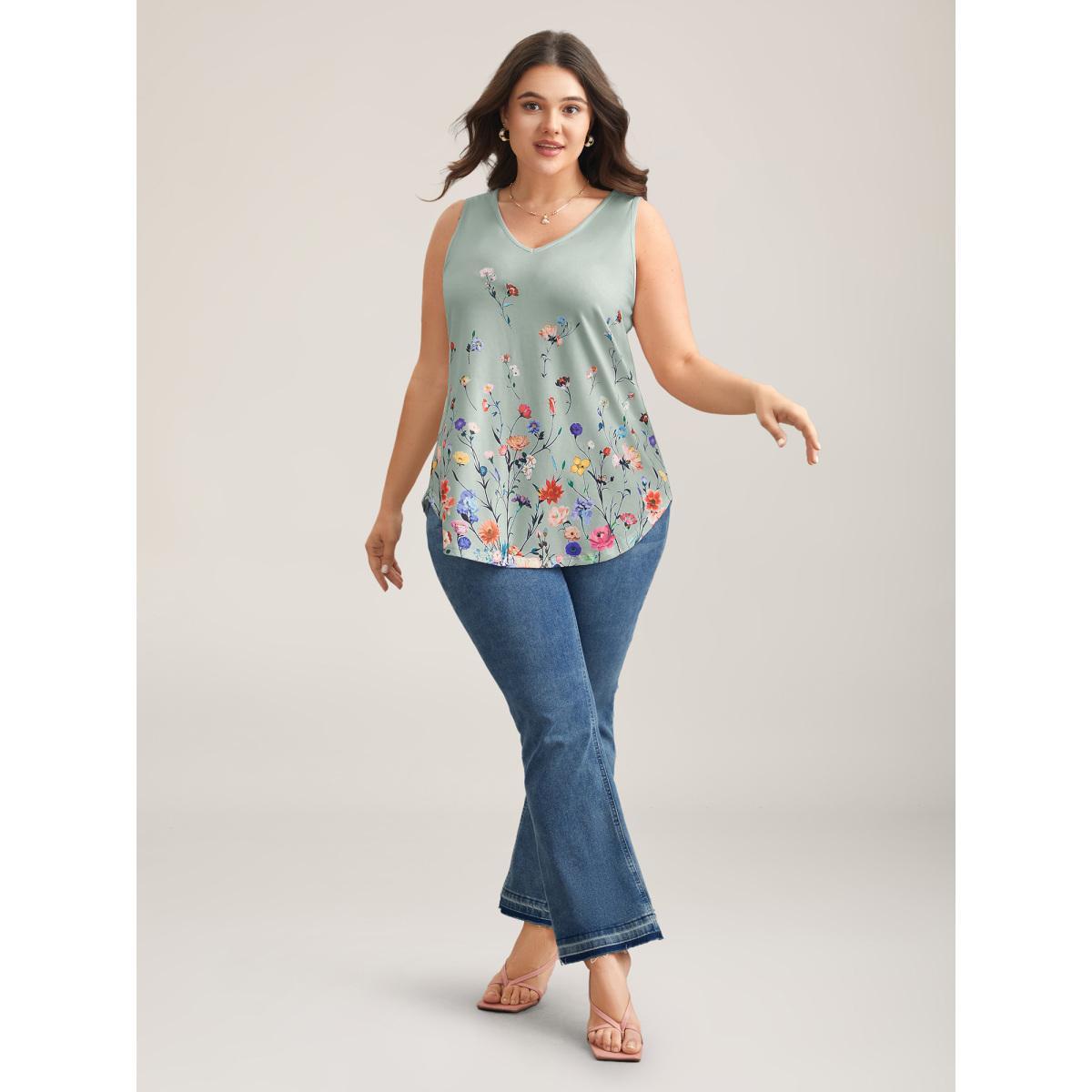 Plus Size Blooming Flowers Print Stretchy Vest Women SlateGray Elegant Non V-neck Everyday Tank Tops Camis BloomChic 18-20/2X Product Image