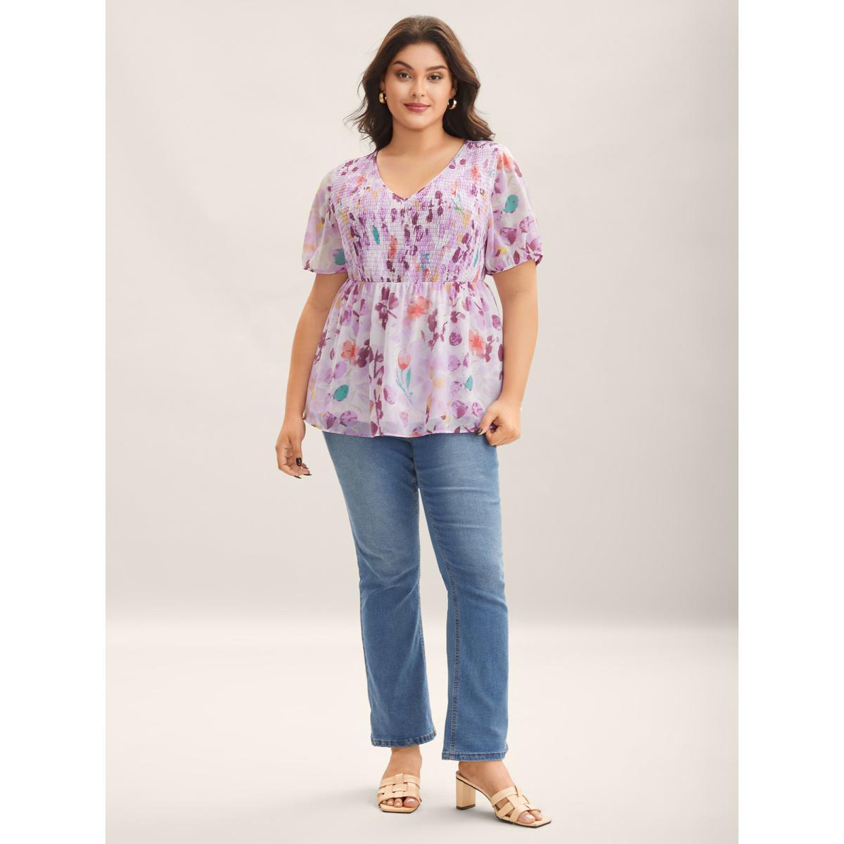 Plus Size Lilac Floral Print Shirred Bodice Blouse Women Short sleeve V-neck Everyday-Elegant Blouses BloomChic 12/L Product Image
