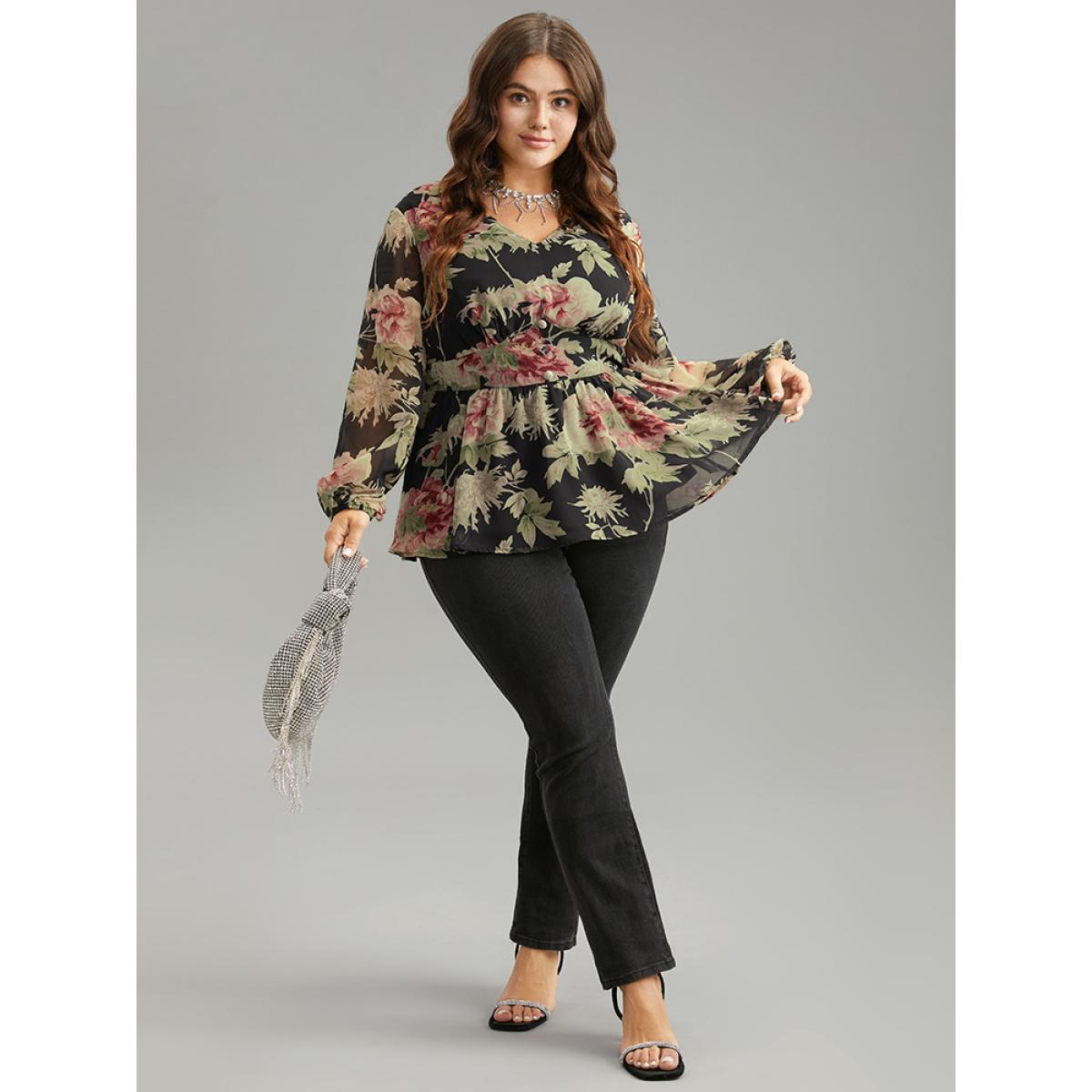Plus Size Black Floral Flutter Hem Elastic Waist Blouse Women Elegant Long Sleeve V-neck Everyday Blouses BloomChic 22-24/3X Product Image