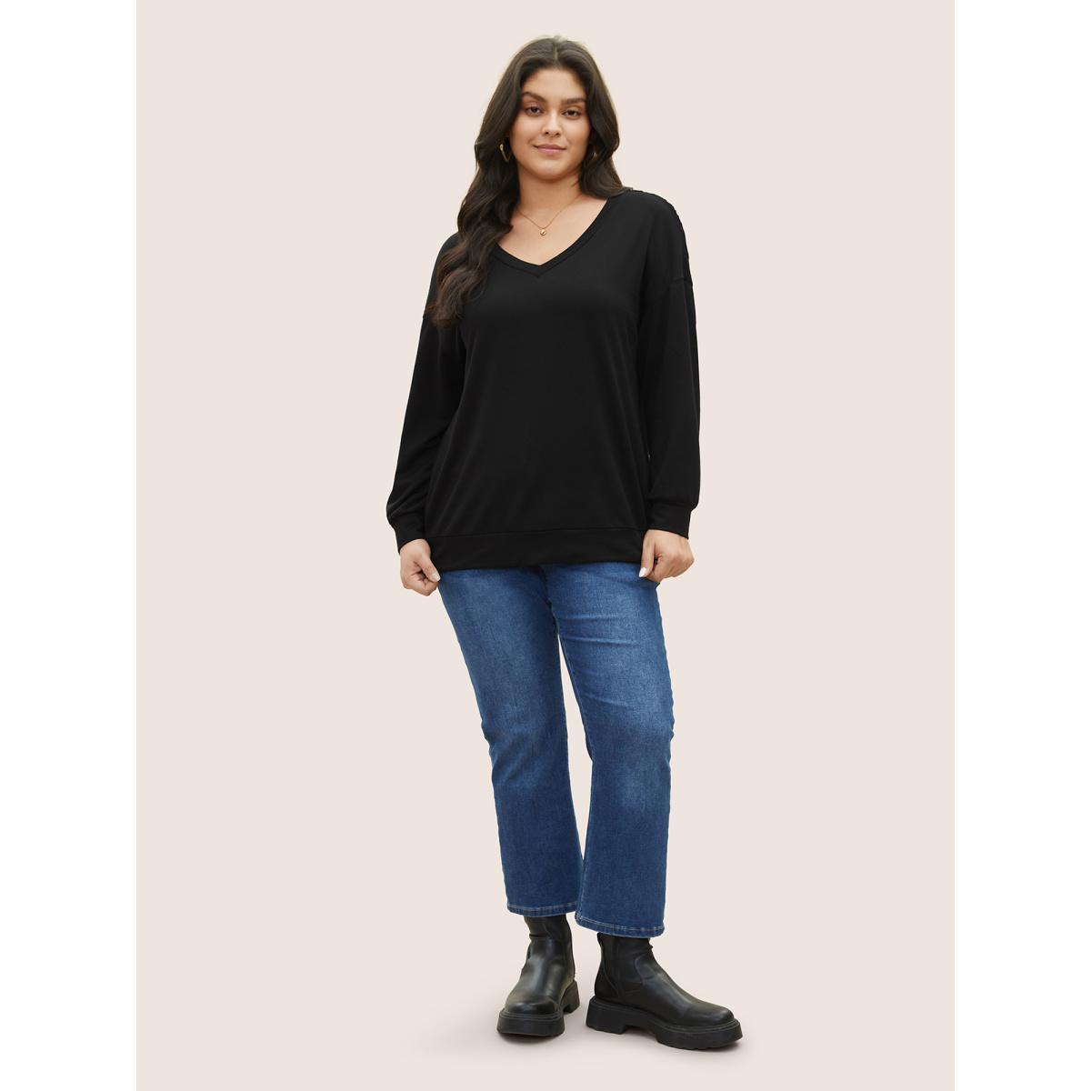 Plus Size Solid V Neck Cut Out Back Sweatshirt Women Black Elegant Non V-neck Everyday Sweatshirts BloomChic 30/6X Product Image