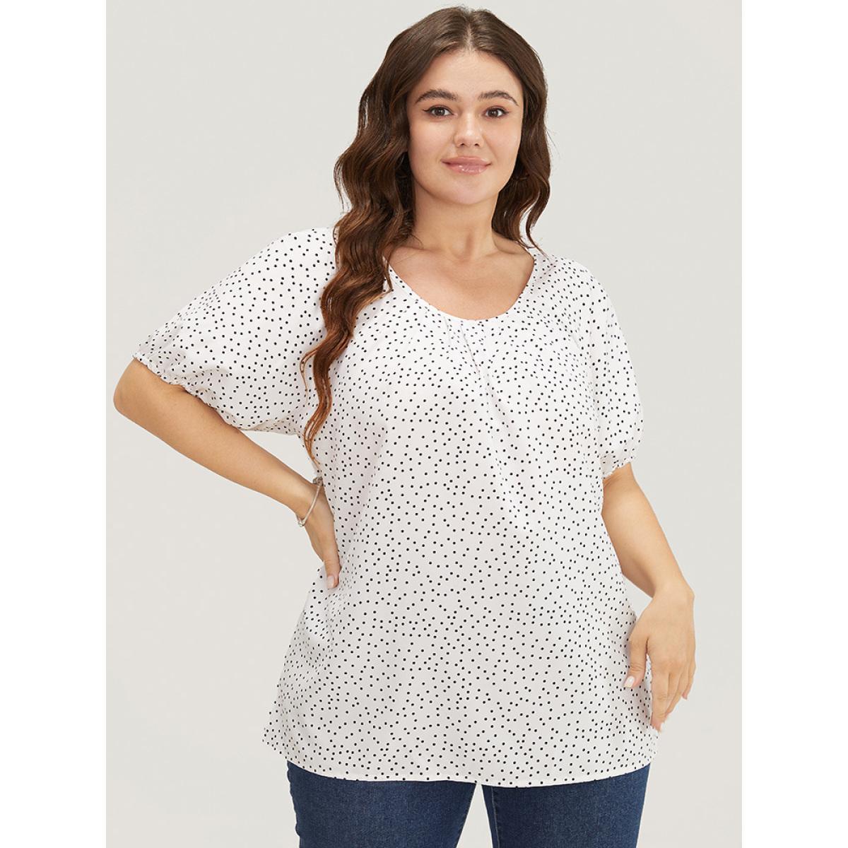 Plus Size White Polka Dot Pleated Round Neck Puff Sleeve Blouse Women Office Short sleeve Round Neck Work Blouses BloomChic 26/4X Product Image
