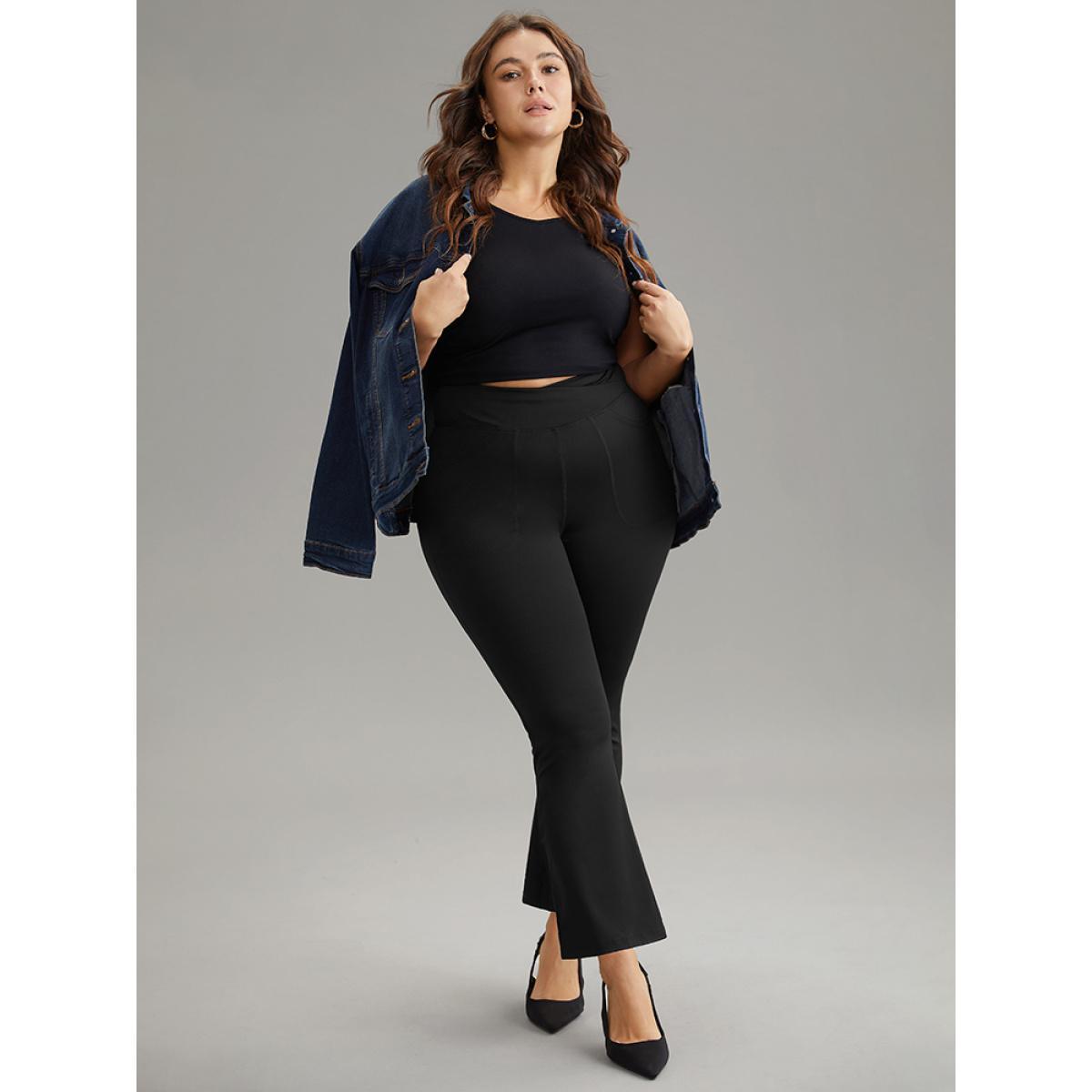 Plus Size Solid Elastic Waist Bootcut High Rise Leggings Women Black Casual High stretch Bootcut High Rise Dailywear Leggings BloomChic 28/5X Product Image