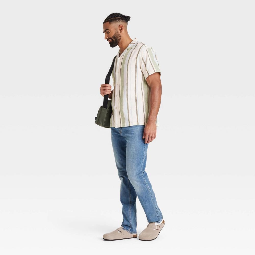 Mens Striped Short Sleeve Slub Camp Button-Down Shirt - Goodfellow & Co Sage L Product Image