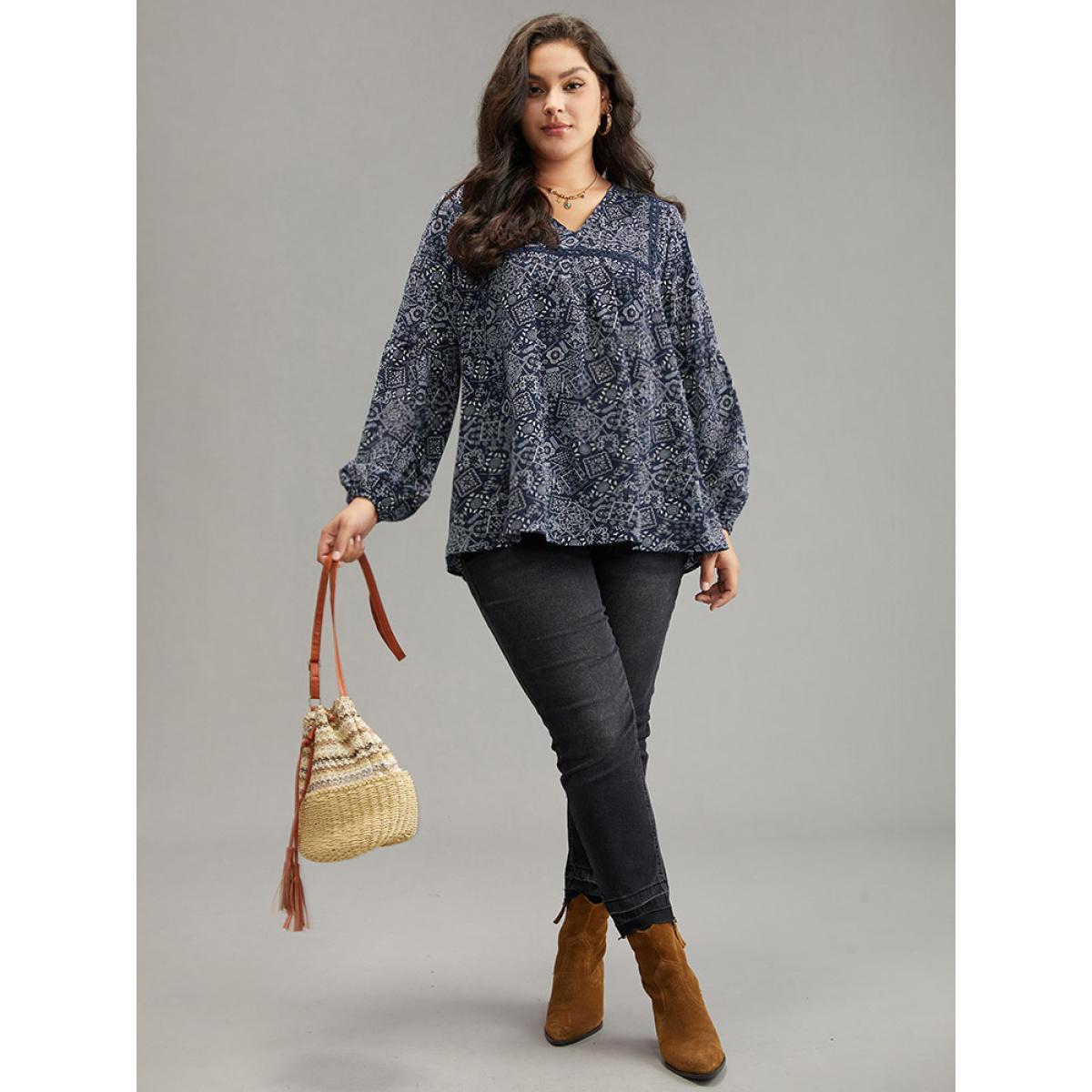 Plus Size Indigo Bandana Lace Insert Lantern Sleeve Blouse Women Resort Long Sleeve V-neck Vacation Blouses BloomChic 28/5X Product Image