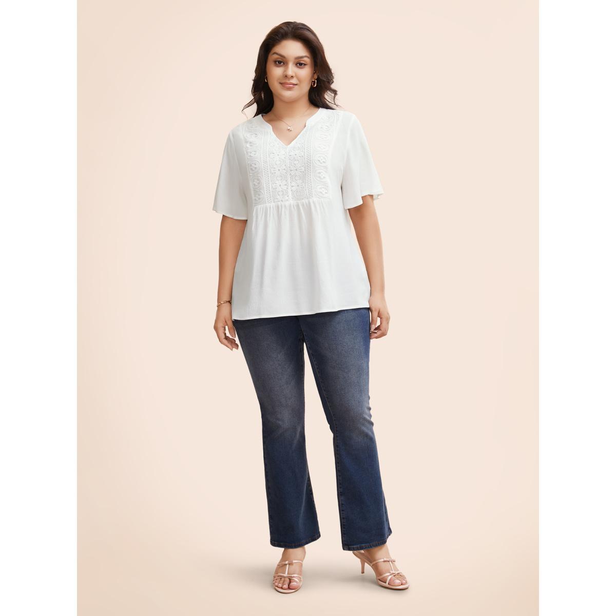 Plus Size Opticwhite Notched Collar Texture Slit Hem Blouse Women Elegant Short sleeve Notched collar Everyday Blouses BloomChic 18-20/2X Product Image