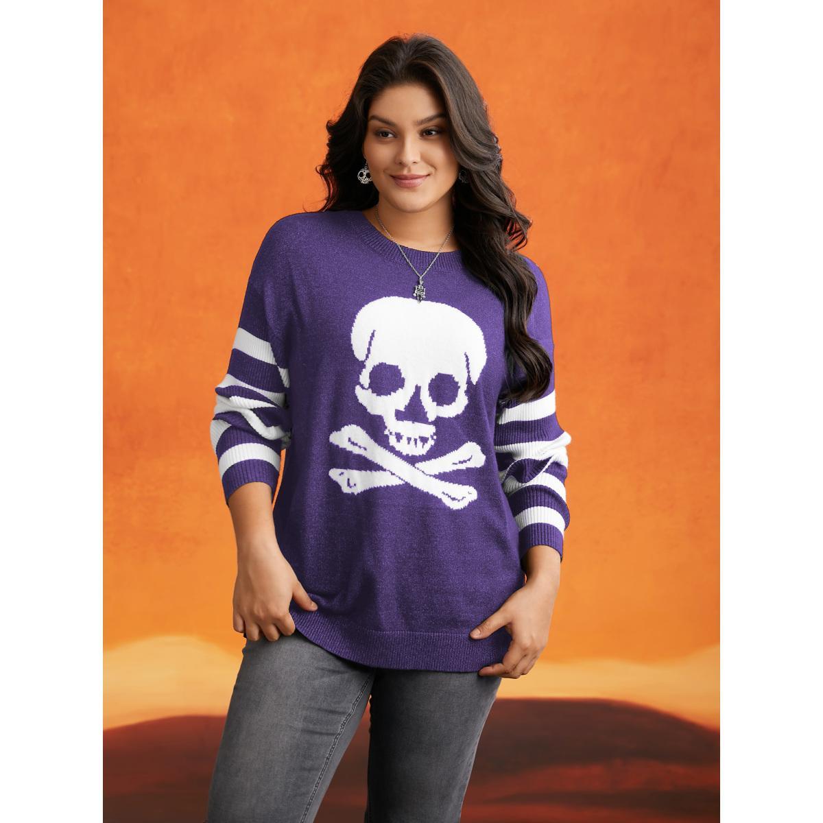 Plus Size Supersoft Essentials Gothic Skull Striped Sleeves Pullover Deeppurple Women Casual Loose Long Sleeve Round Neck Everyday Pullovers BloomChic 12/L Product Image