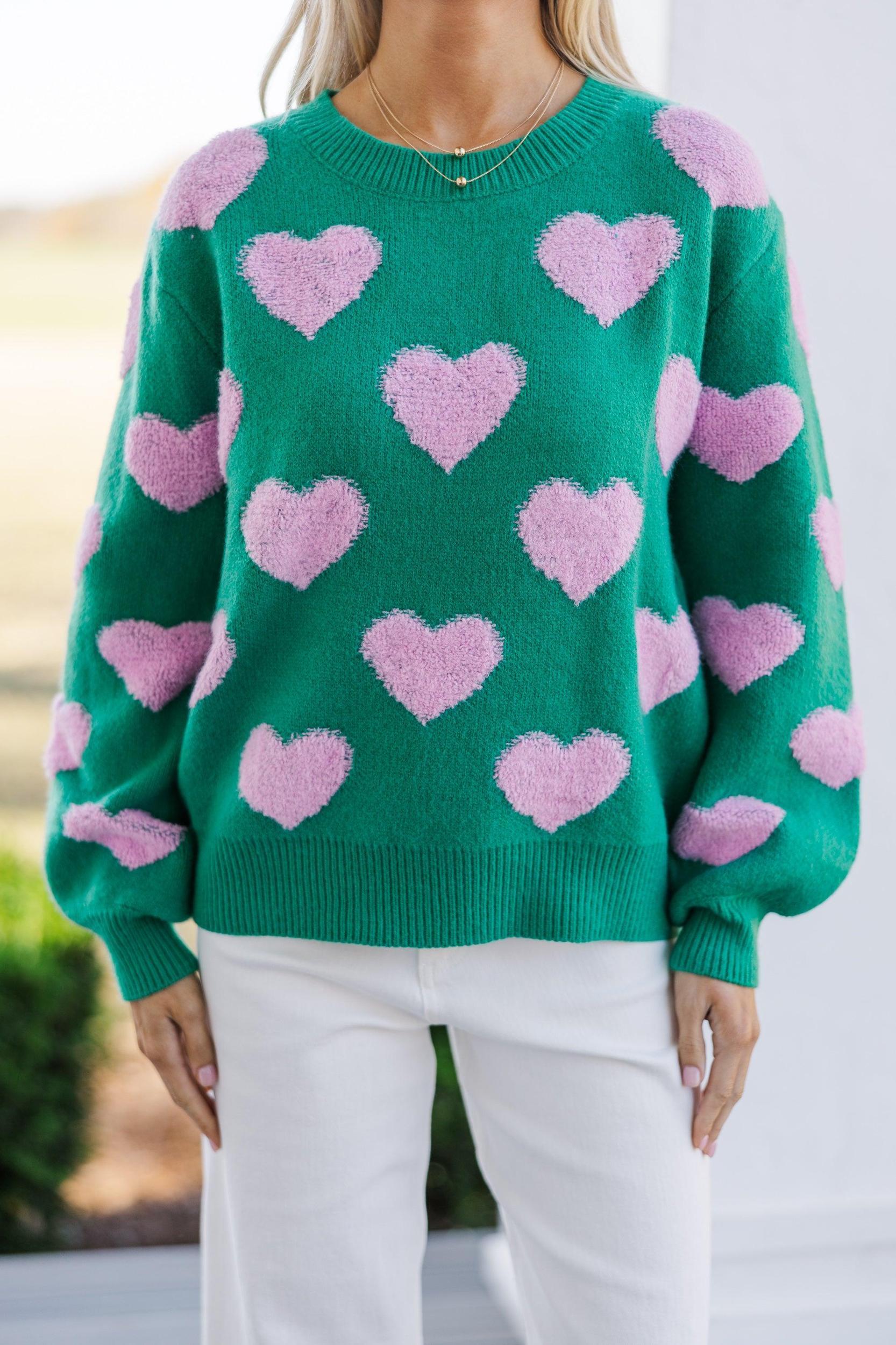 I'll Be there Green Fuzzy Heart Sweater Female Product Image