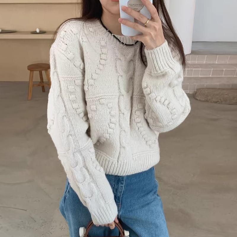 Crew Neck Plain Cable-Knit Sweater Product Image