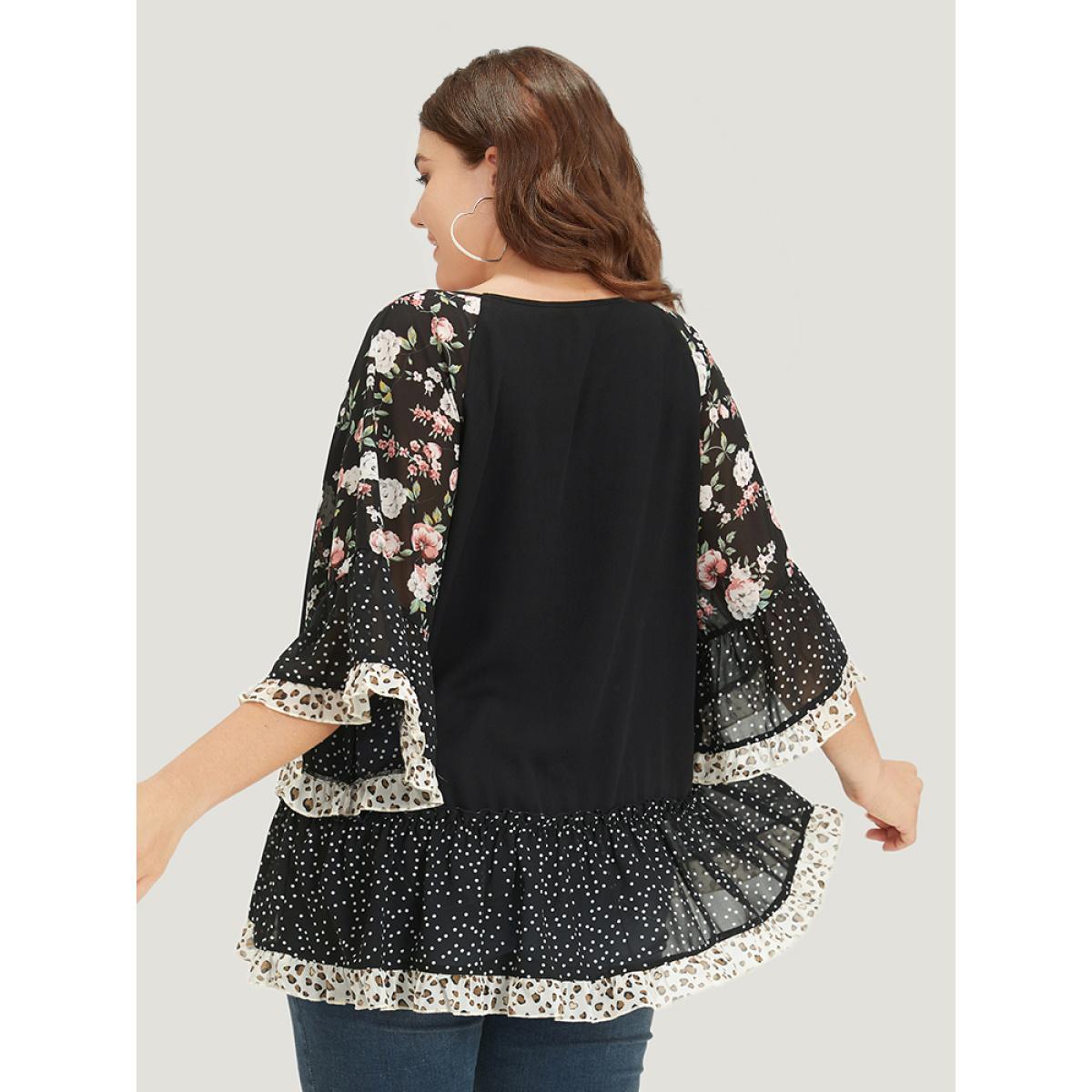 Plus Size Multicolor Floral & Polka Dot Flutter Trim Patchwork Blouse Women Elegant Half Sleeve Round Neck Dailywear Blouses BloomChic 26/4X Product Image