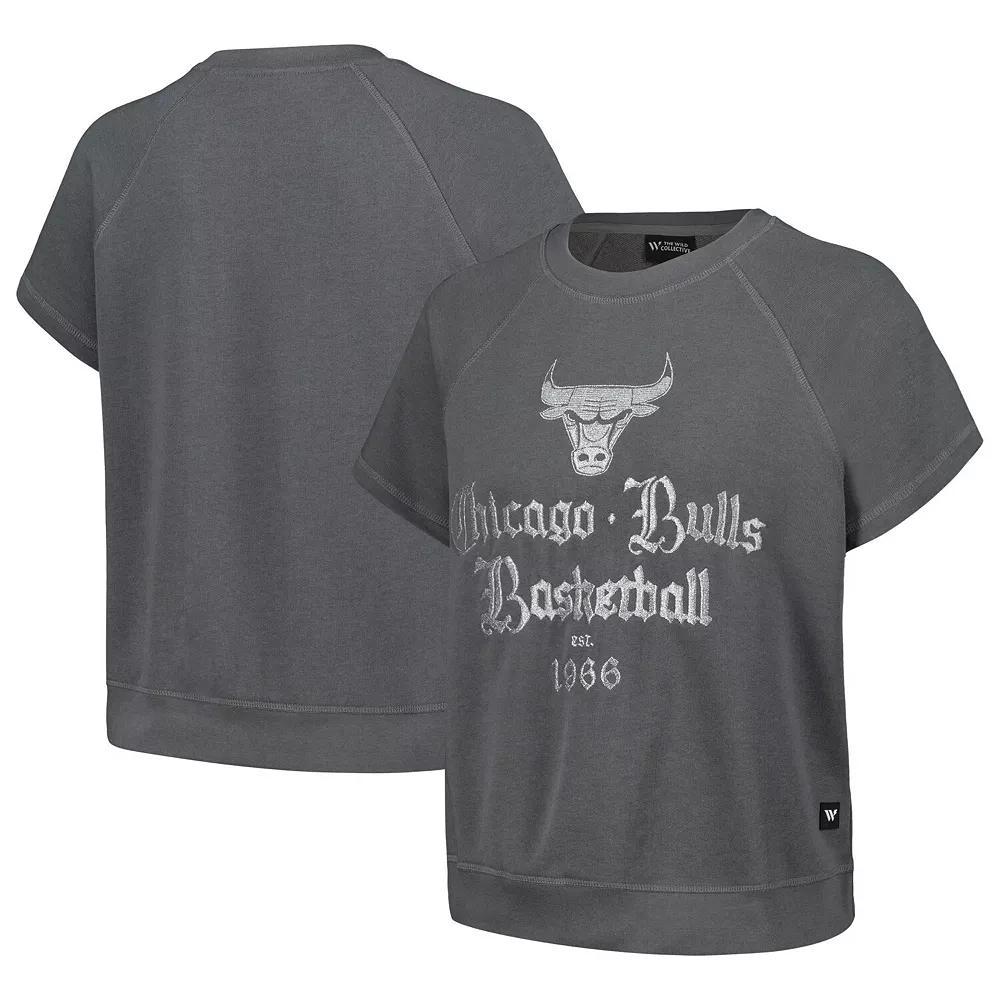Women's The Wild Collective Gray Chicago Bulls Embroidered Fleece Raglan Short Sleeve Pullover Sweatshirt, Size: Large, Grey Product Image