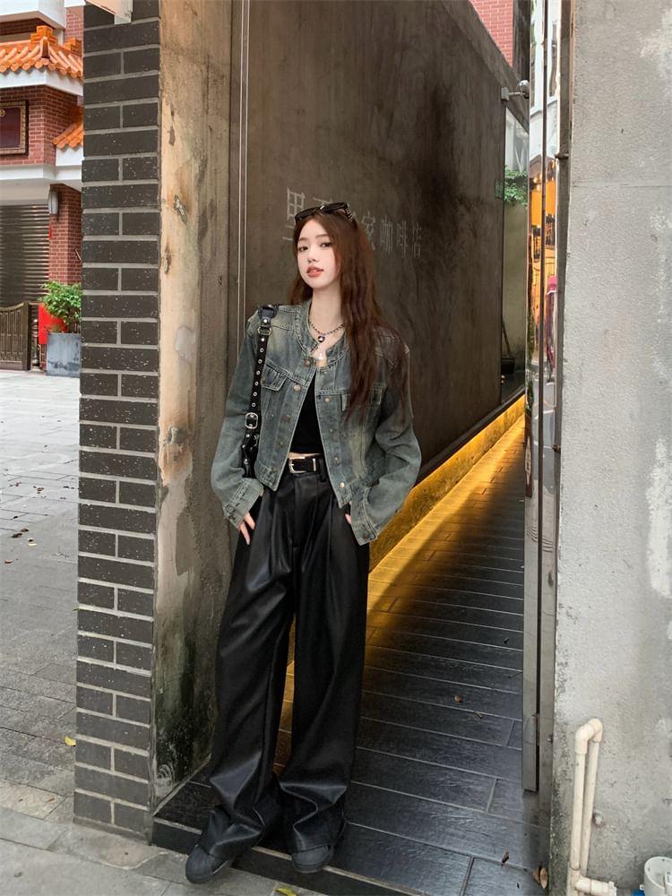 Stand Collar Washed Button-Up Denim Crop Jacket / High Waist Plain Faux Leather Wide Leg Pants / Belt / Set Product Image