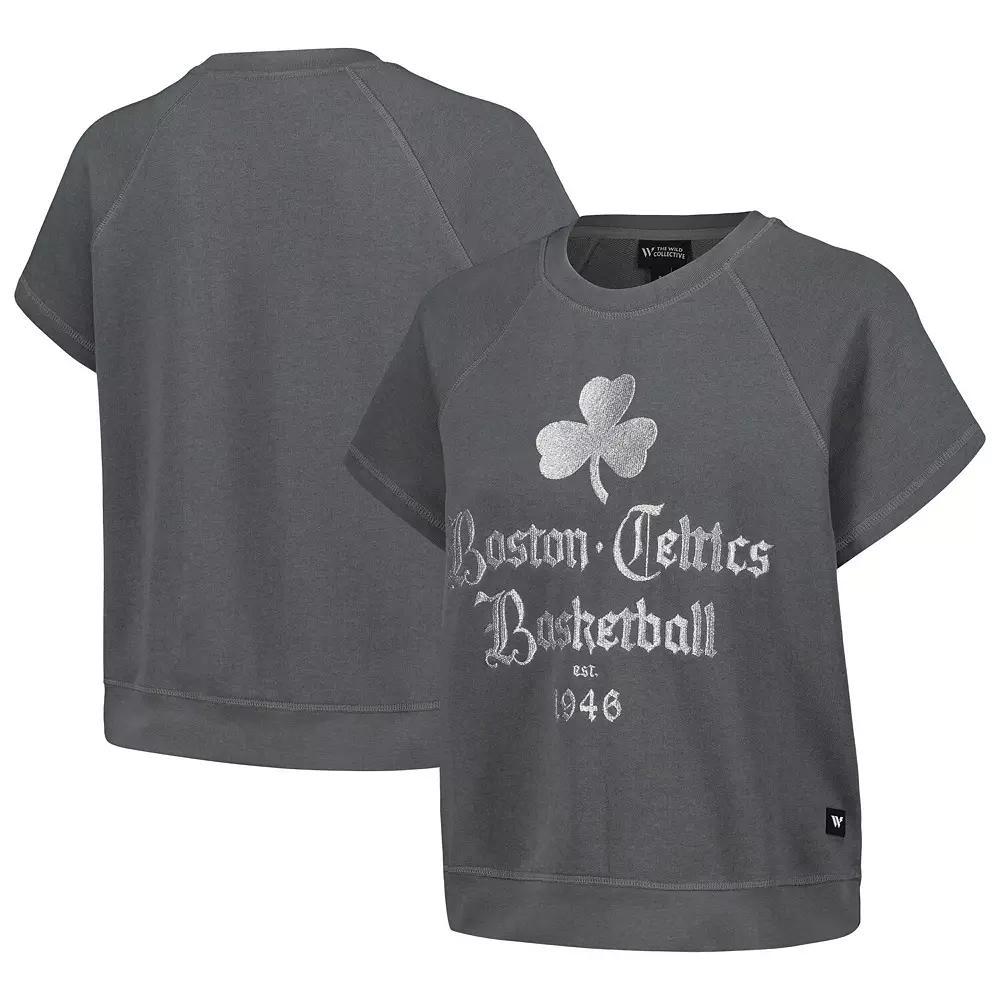 Women's The Wild Collective Gray Boston Celtics Embroidered Fleece Raglan Short Sleeve Pullover Sweatshirt, Size: Medium, Grey Product Image