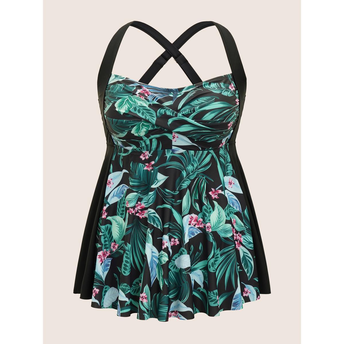 Plus Size Tropical Print Crossover Swim Top Women's Swimwear Multicolor Beach Twist High stretch Bodycon Heart neckline Curve Swim Tops BloomChic 28/5X Product Image