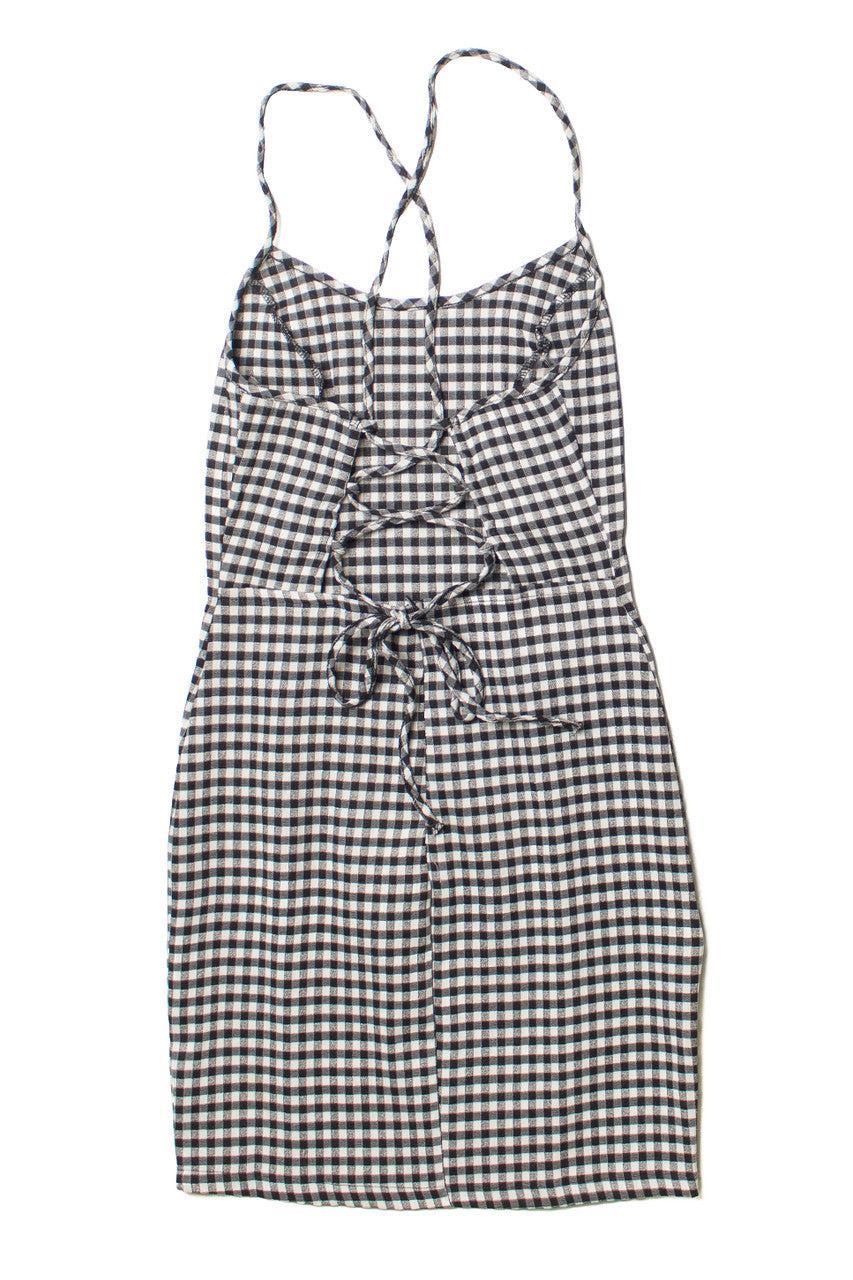 Black Gingham Lace Up Back Mini Dress Product Image