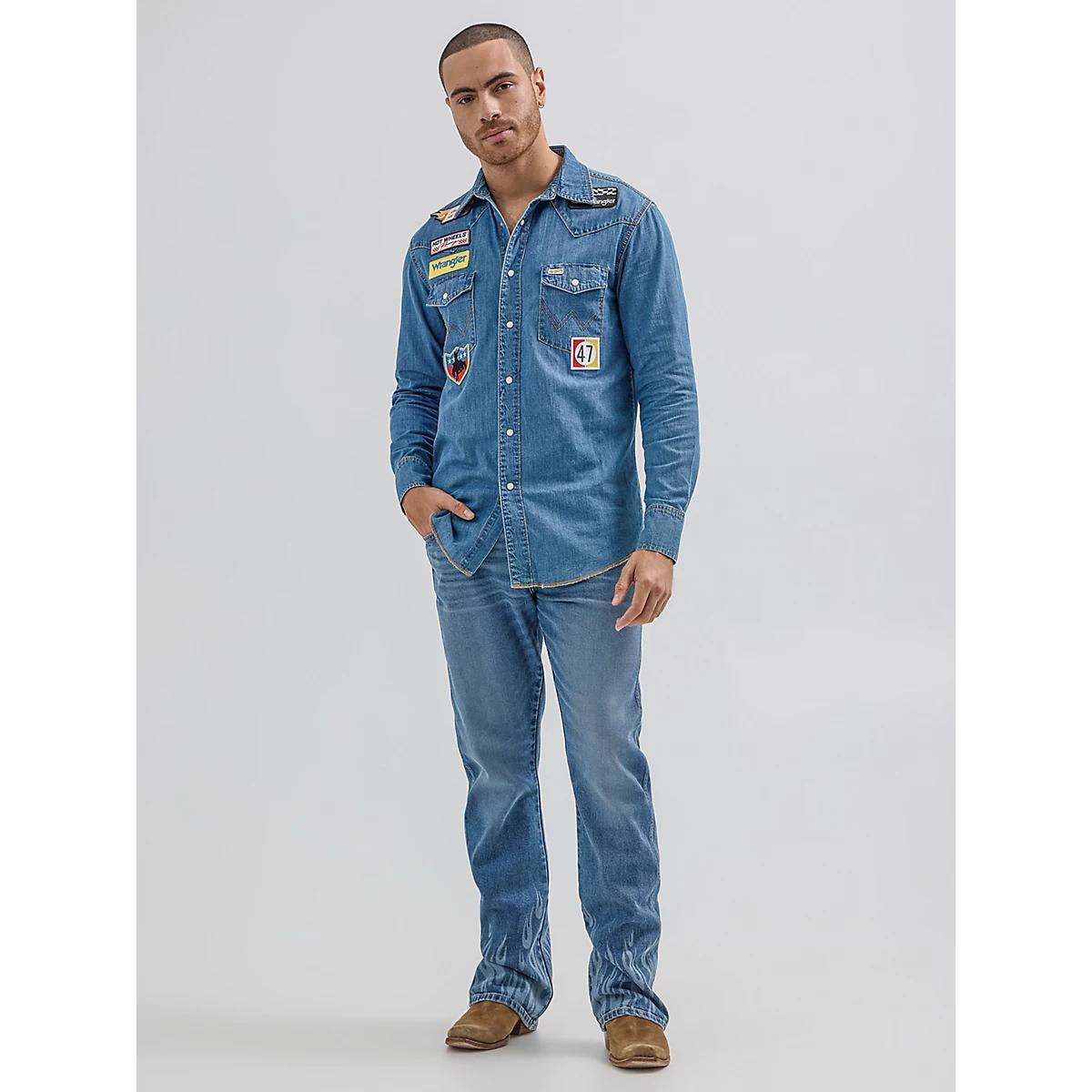 Wrangler® x Hot Wheels™ Men's Flames Bootcut Jean in Medium Blue Product Image