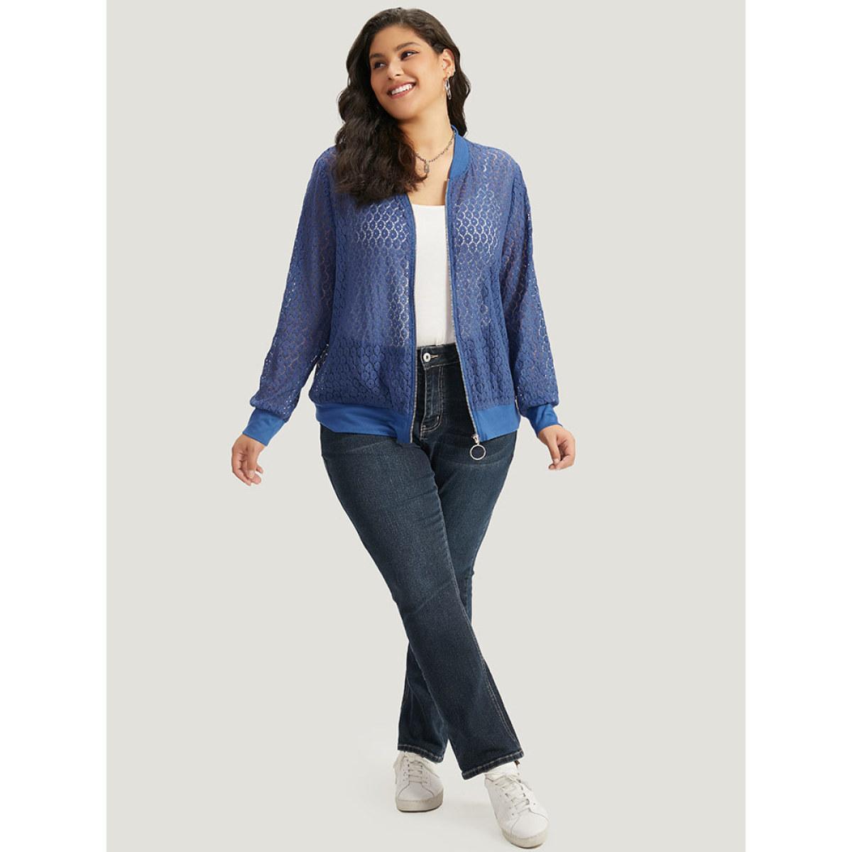 Plus Size Plain Lace Patchwork Zipper Cut Out Jacket Women Aegean Plain Dailywear Jackets BloomChic 12/L Product Image