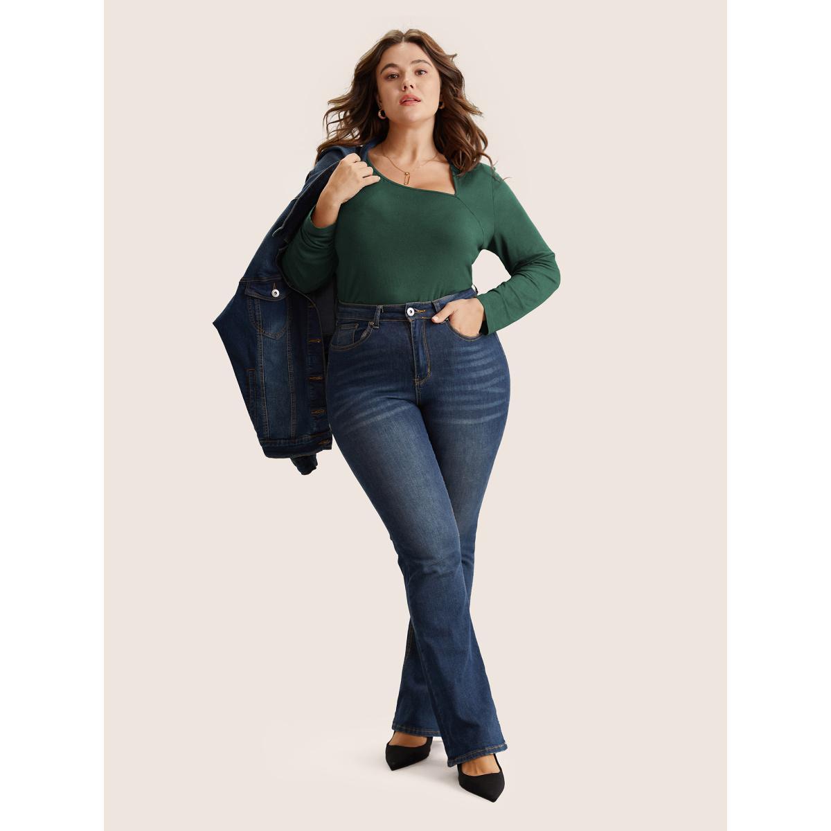 Plus Size Solid Asymmetrical Neck Knit T-shirt DarkGreen Women Elegant Non Plain Asymmetrical Neck Everyday T-shirts BloomChic 26/4X Product Image