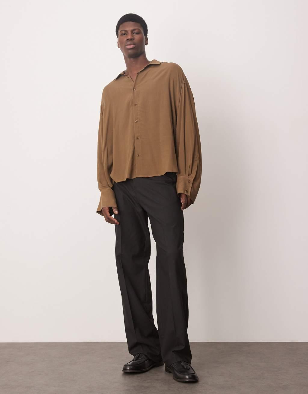 ASOS DESIGN volume oversized shirt with baggy sleeves in brown Product Image