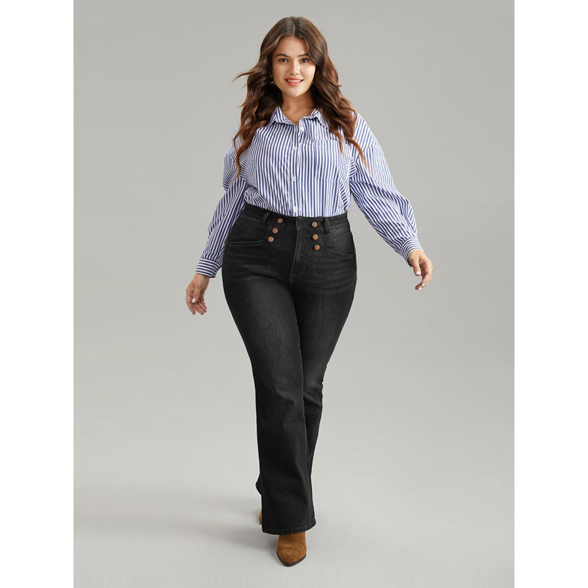 Plus Size Flare Leg Button Detail High Rise Jeans Women Black Casual Plain Non High stretch Slanted pocket Jeans BloomChic 14/1X Product Image