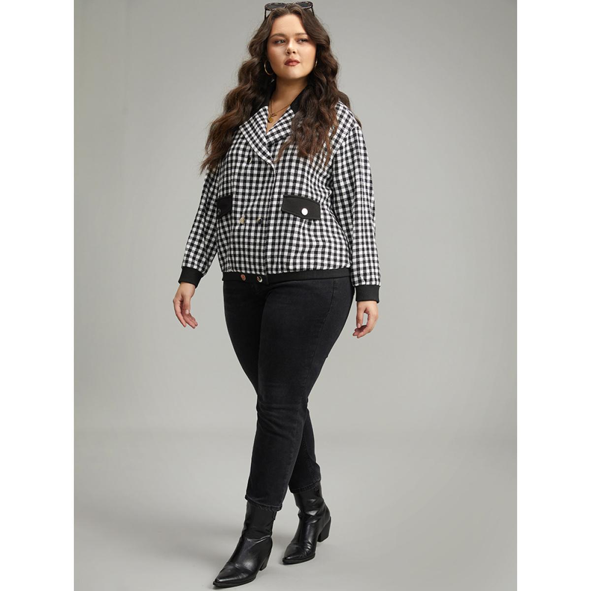 Plus Size Gingham Patchwork Double Breasted Jacket Women Black Elastic cuffs Dailywear Jackets BloomChic 28/5X Product Image