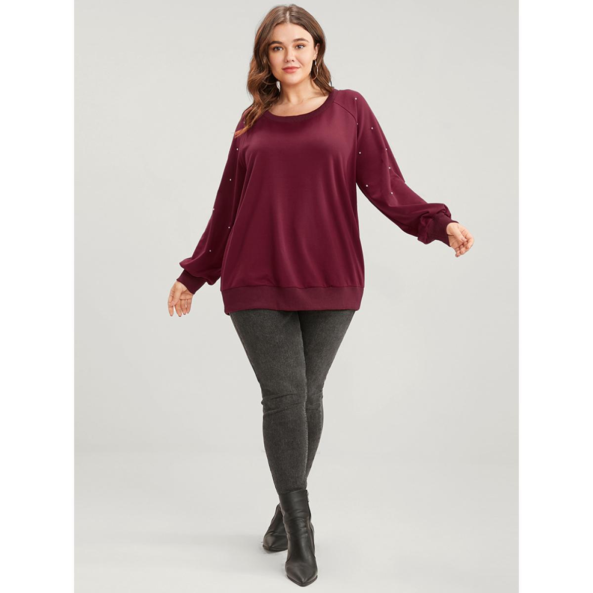 Plus Size Solid Pearls Beaded Raglan Sleeve Drop Shoulder Sweatshirt Women Scarlet Elegant Beaded Round Neck Dailywear Sweatshirts BloomChic 14-16/1X Product Image