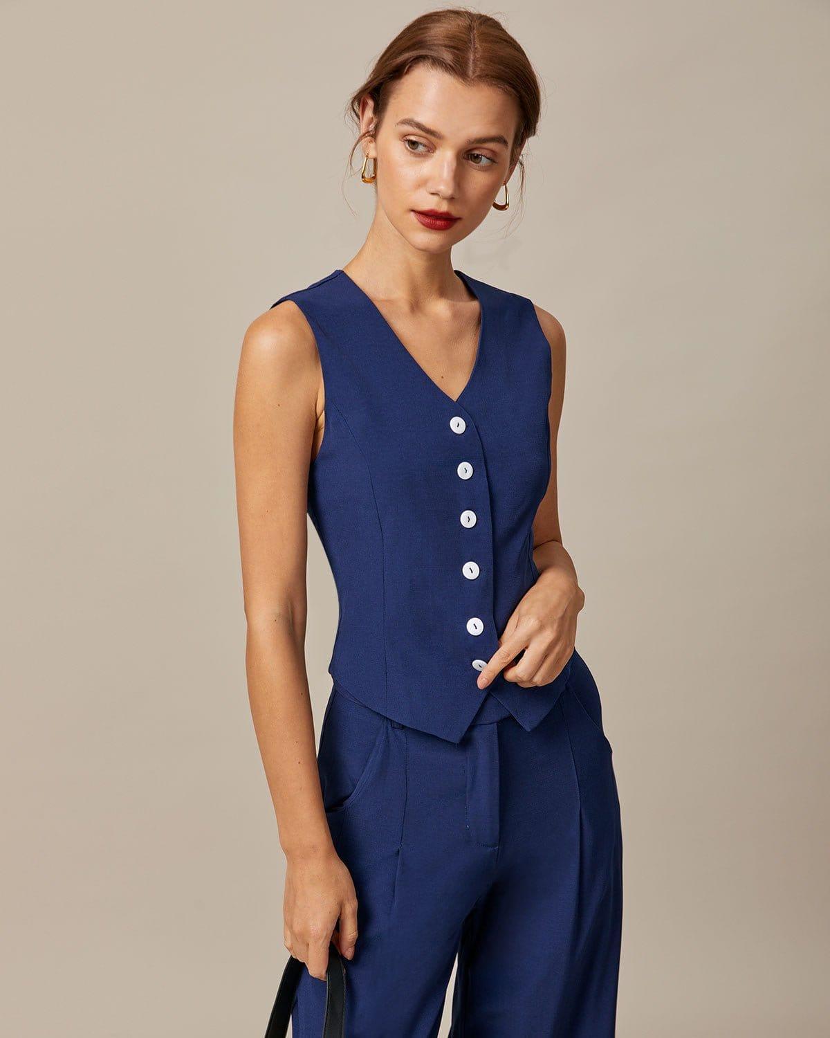 The Navy V Neck Button Up Sleeveless Vest Product Image