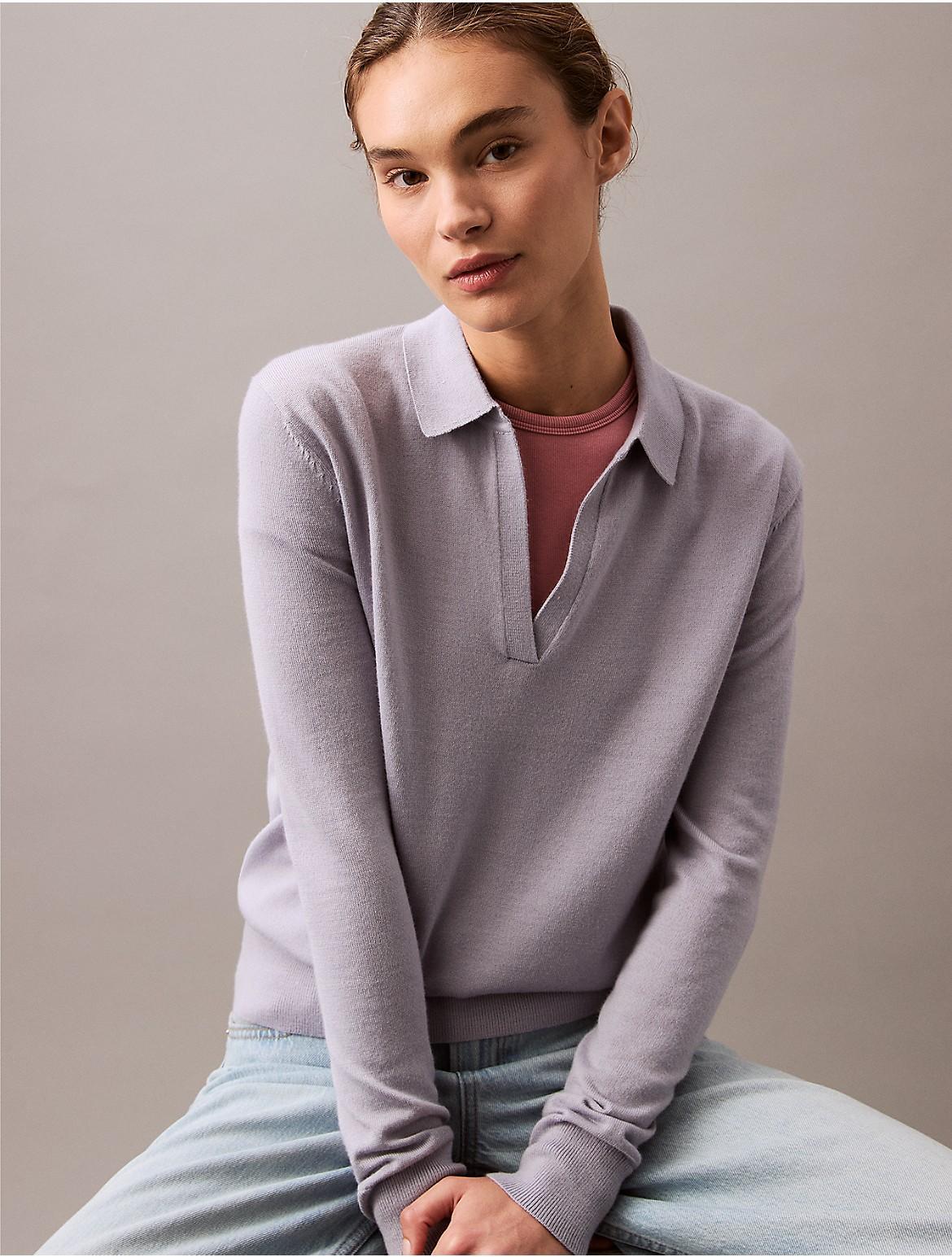 Calvin Klein Women's Extra Fine Merino Blend Polo Sweater - Neutral - XL Product Image