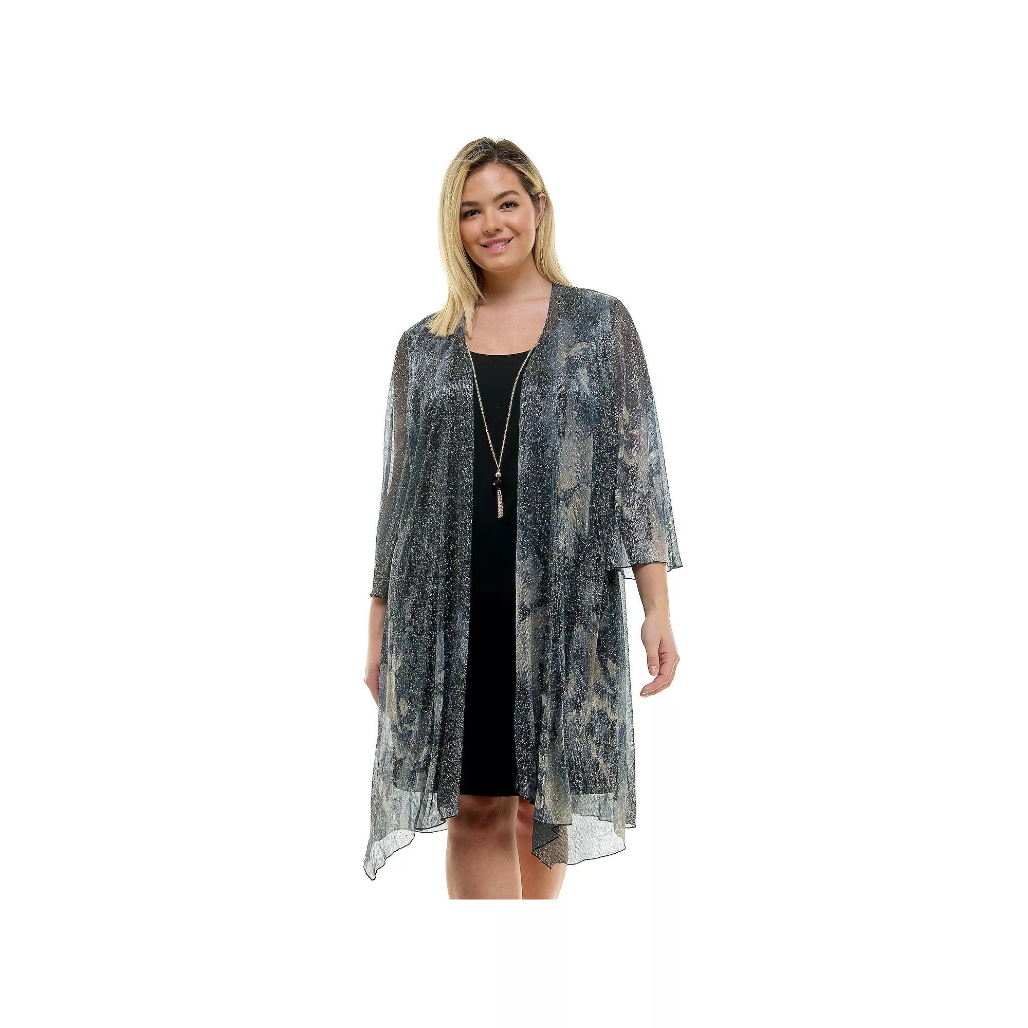 Plus Size Luxology 3-Piece Jacket & Shift Dress with Necklace, Women's, Size: 2XL, Black Gray Cream Product Image