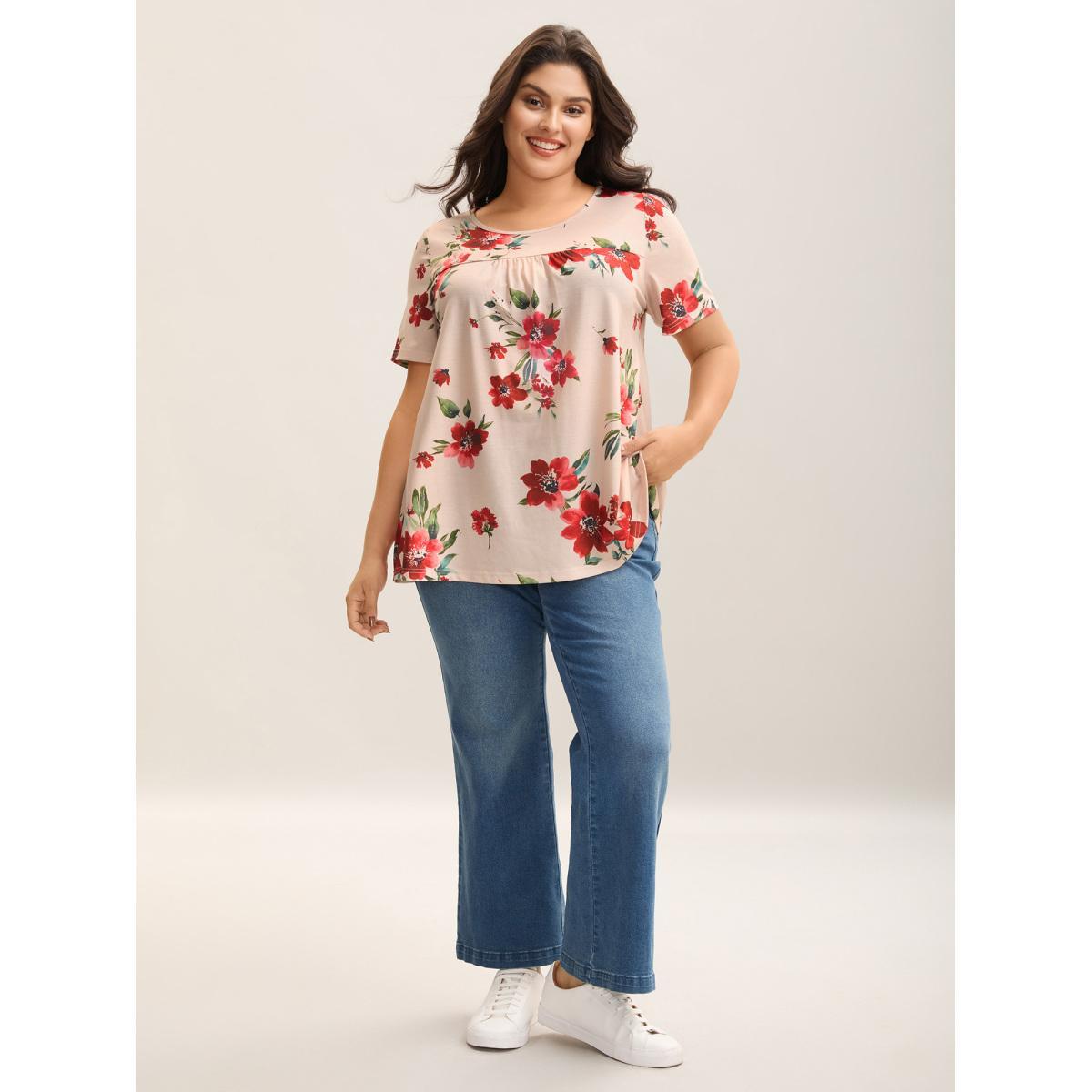 Plus Size Dreamy Floral Print Flowy Pleated T-Shirt Multicolor Women Casual Gathered Natural Flowers Round Neck Everyday T-shirts BloomChic 12/L Product Image