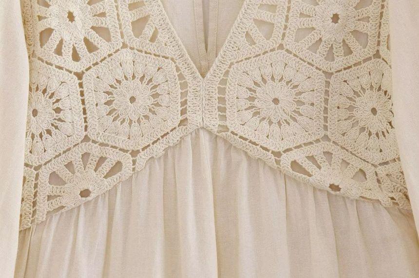 Long-Sleeve V-Neck Crochet Panel Wide Leg Romper Product Image