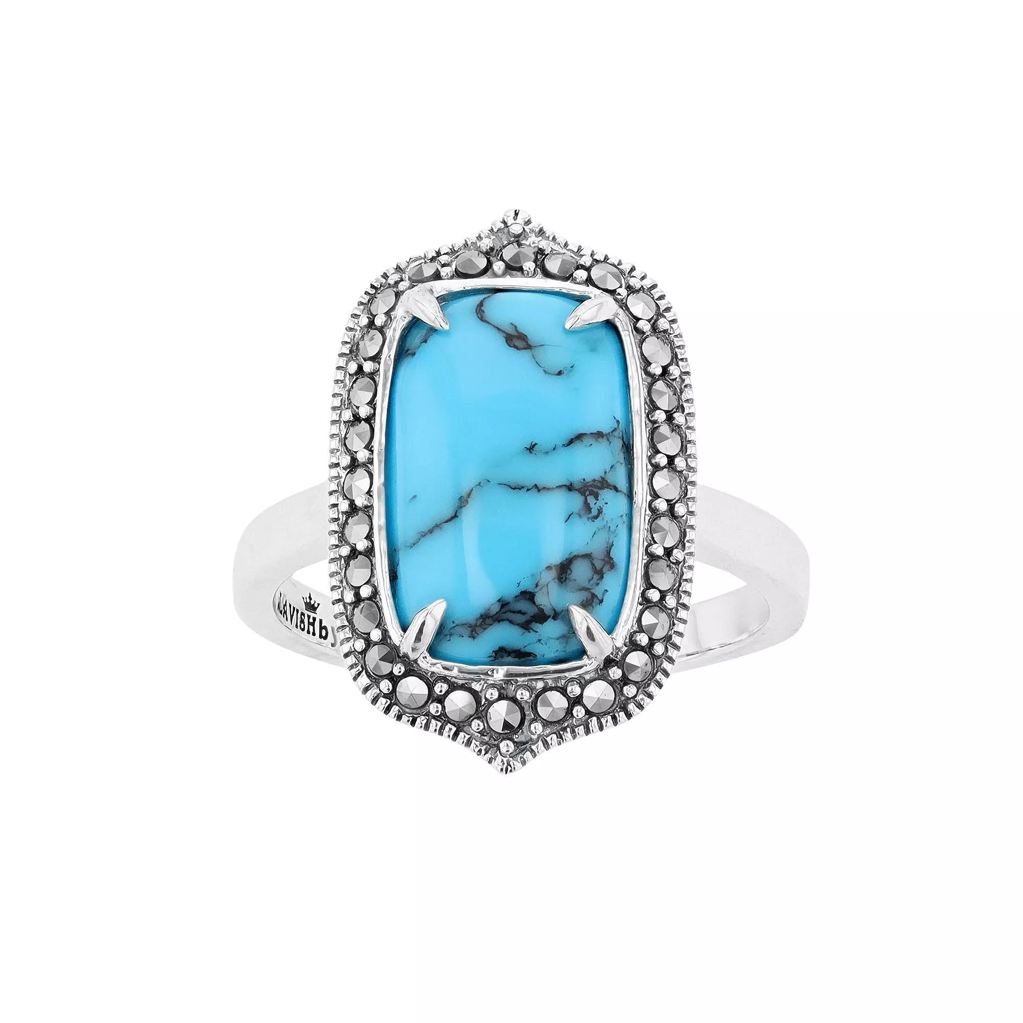 Lavish by TJM Sterling Silver Lab-Created Turquoise Cabochon & Marcasite Rectangular Ring, Womens Product Image