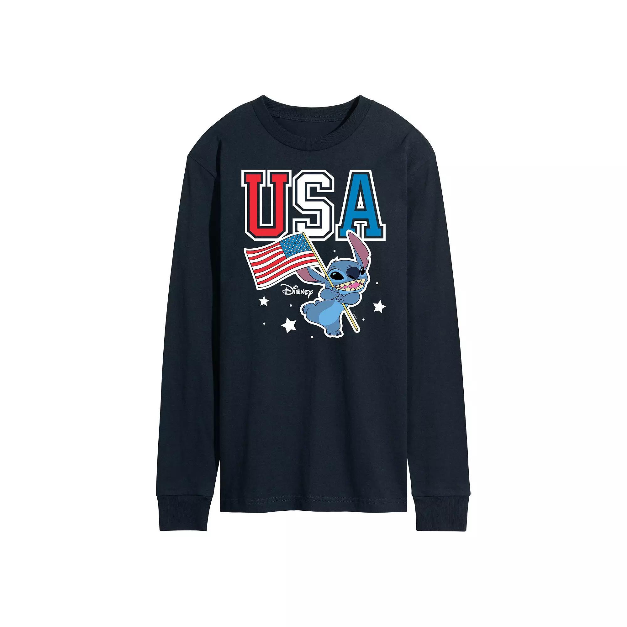 Disneys Lilo and Stitch Mens USA Stitch Long Sleeve Graphic Tee Blue Product Image