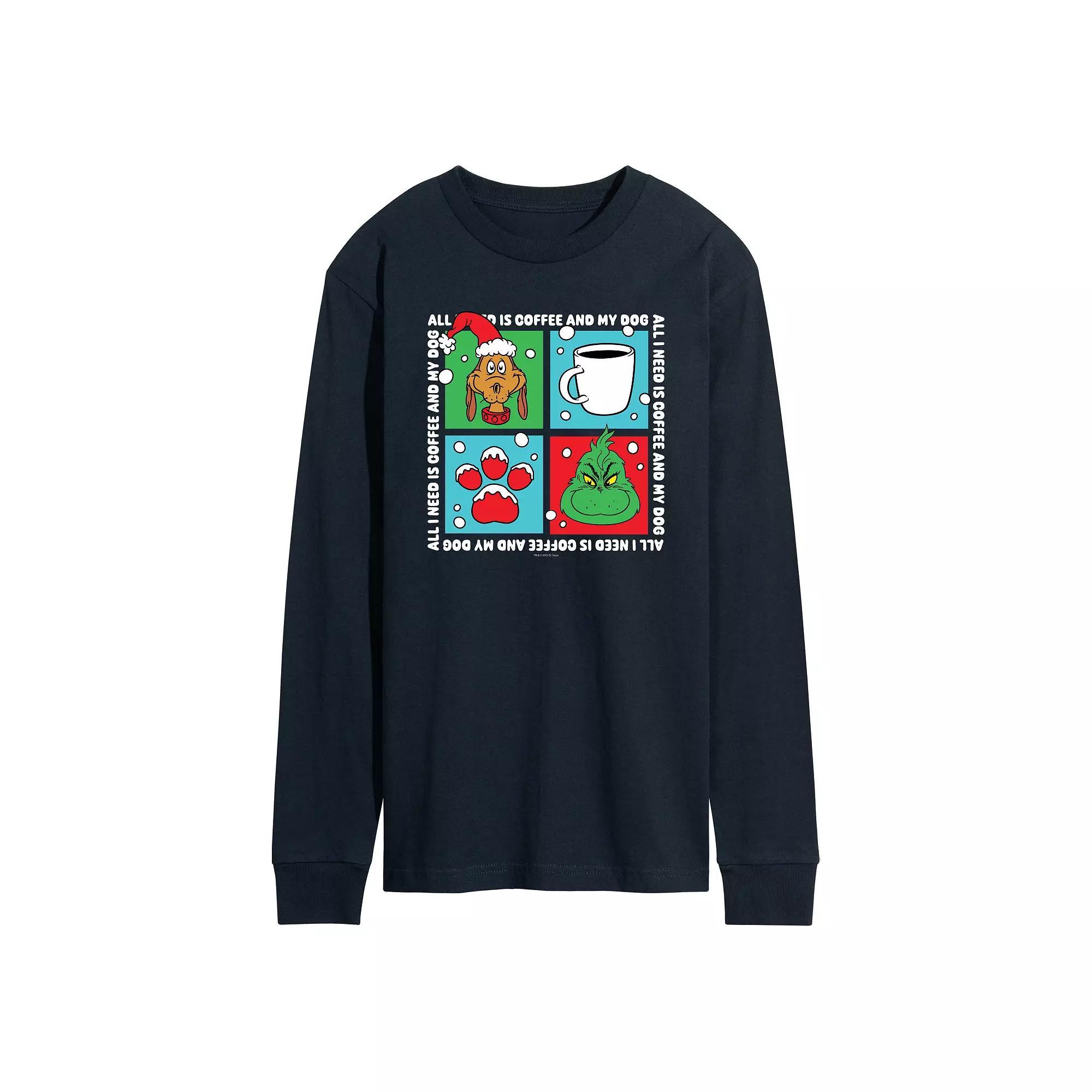 Mens Dr. Seuss The Grinch Coffee And Dog Grid Long Sleeve Graphic Tee Blue Product Image