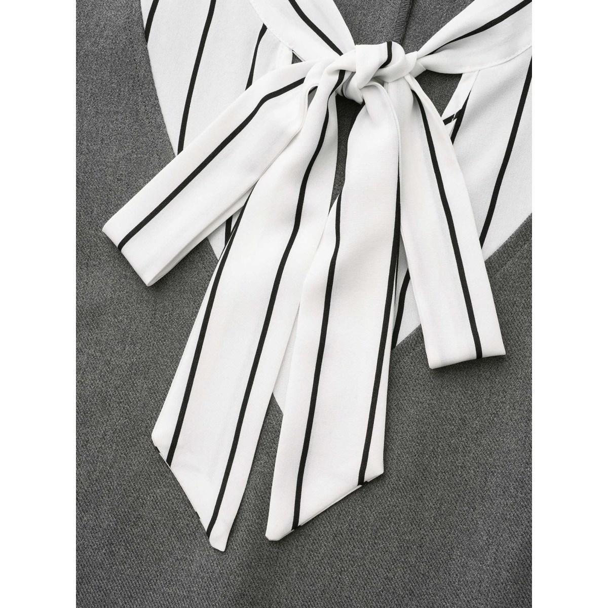 Plus Size Striped Patchwork Ribbon Tied Collar Dress DimGray Women At the Office Tie knot Ribbon-tied collar Long Sleeve Curvy BloomChic 14-16/1X Product Image