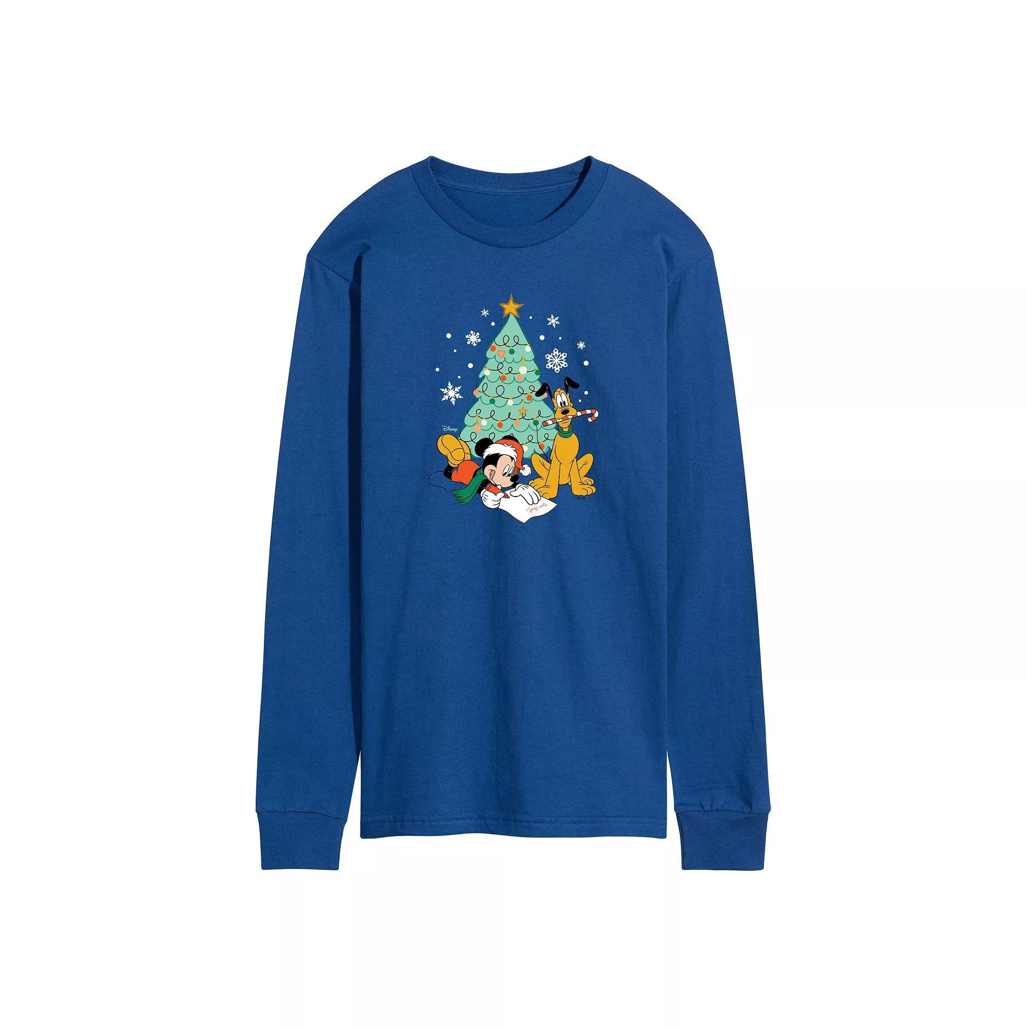 Disney's Mickey Mouse & Pluto Men's Christmas Tree Long Sleeve Graphic Tee, Size: Large, Blue Product Image