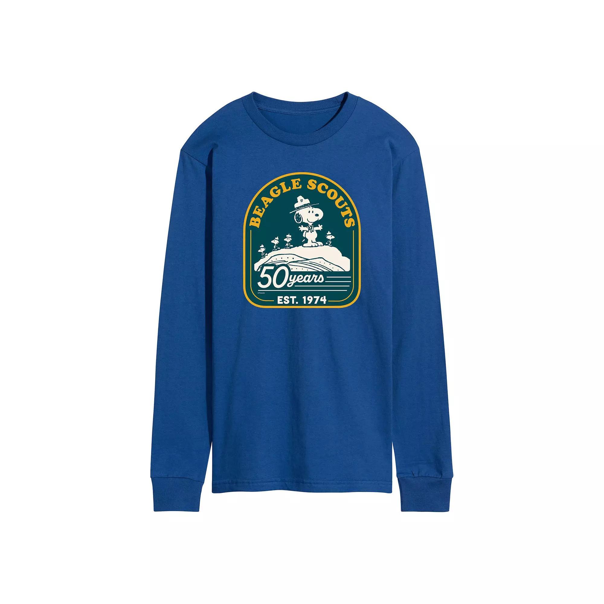 Mens Peanuts Beagle Scout 50 Year Mountain Long Sleeve Graphic Tee Blue Product Image