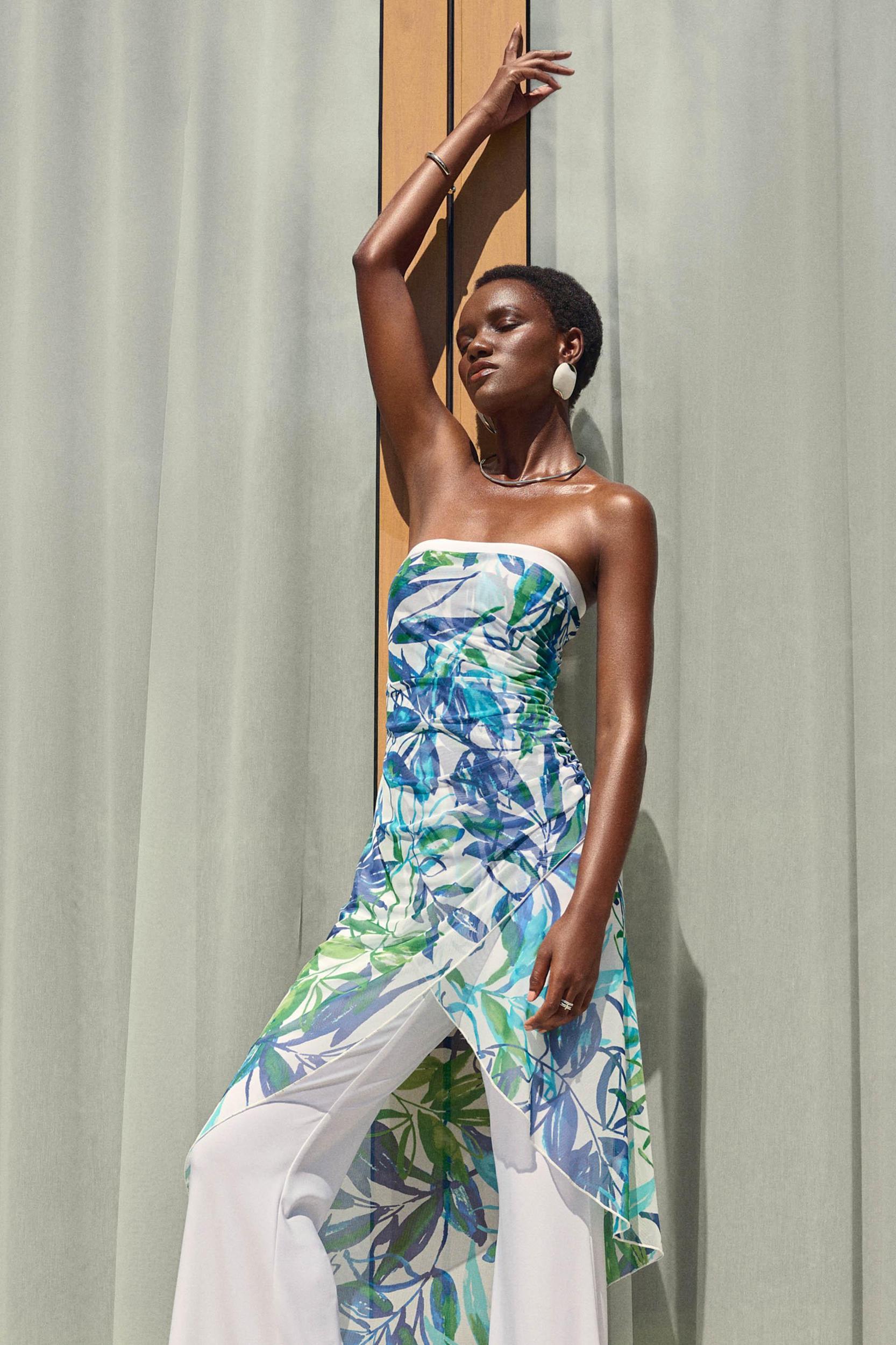 Mesh And Silky Knit Tropical Print Jumpsuit Product Image