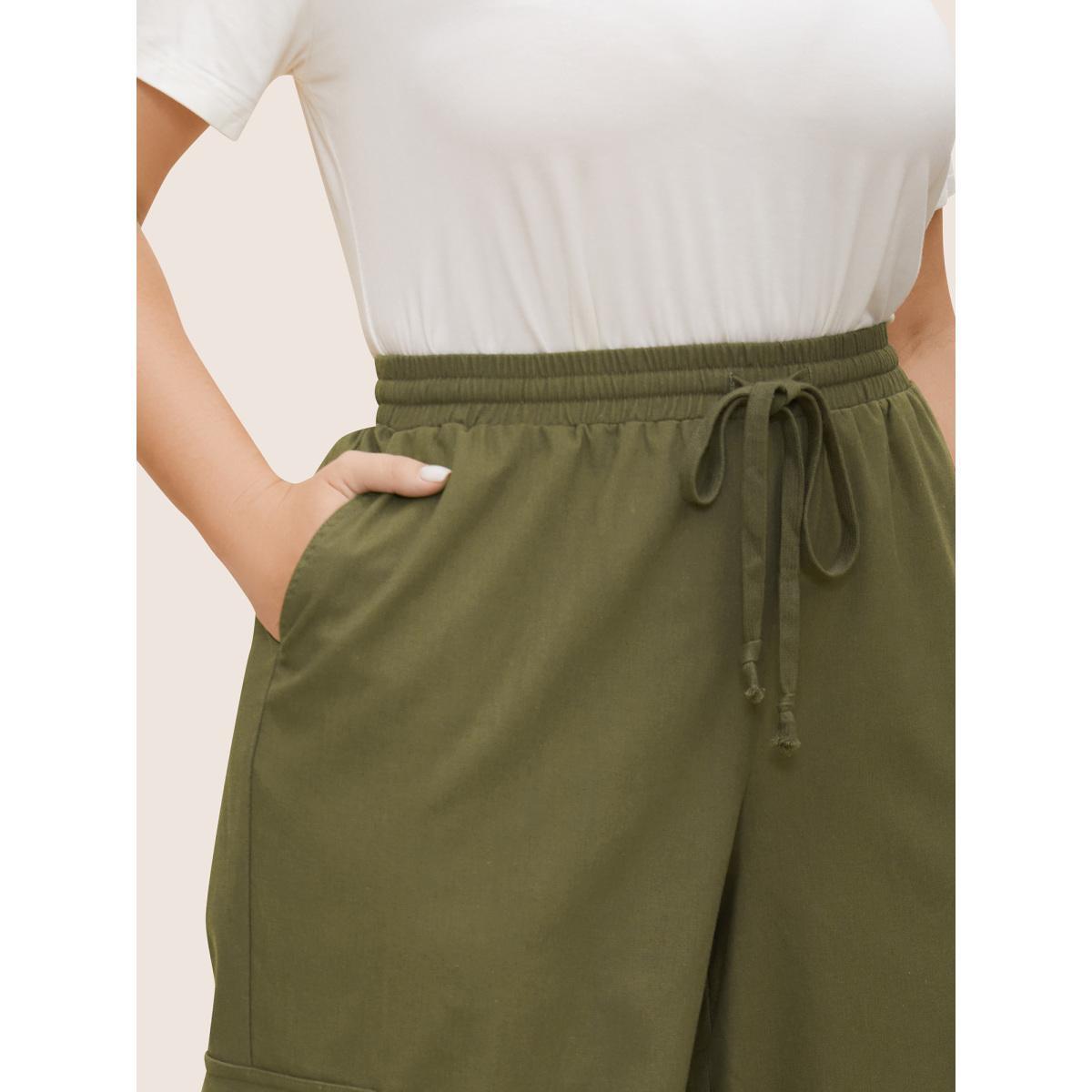 Plus Size Linen Blend Wide Leg Cargo Pants Women ArmyGreen Casual Wide Leg Mid Rise Everyday Pants BloomChic 30/6X Product Image