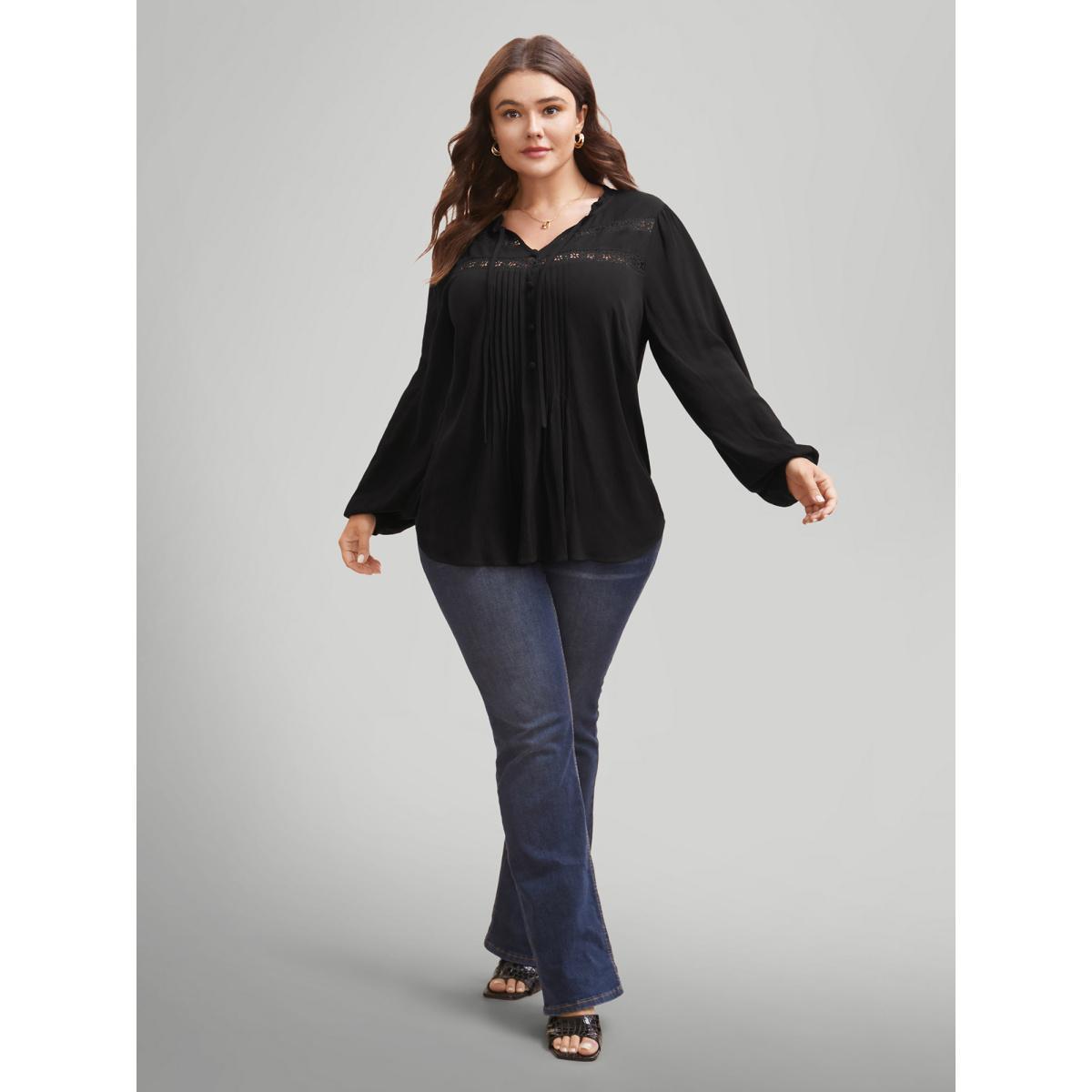Plus Size Black Lace Patchwork Pleated Ruffles Blouse Women Elegant Long Sleeve V-neck Everyday Blouses BloomChic 12/L Product Image