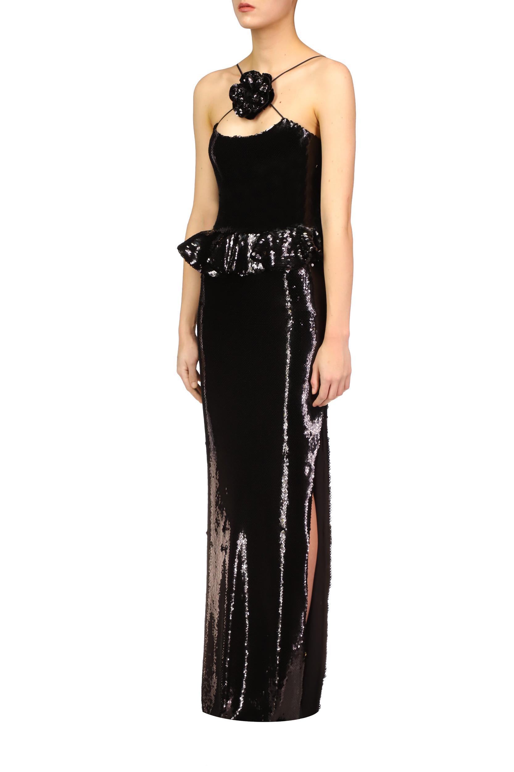 Black Sequin Peplum Gown With Sequin Flower Pin Product Image